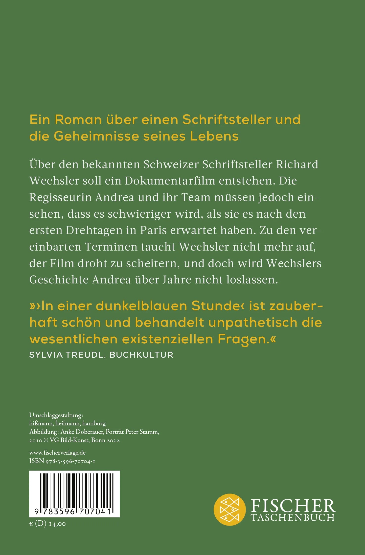 Buchrückseite von 'In einer dunkelblauen Stunde' mit Klappentext - Taschenbuch