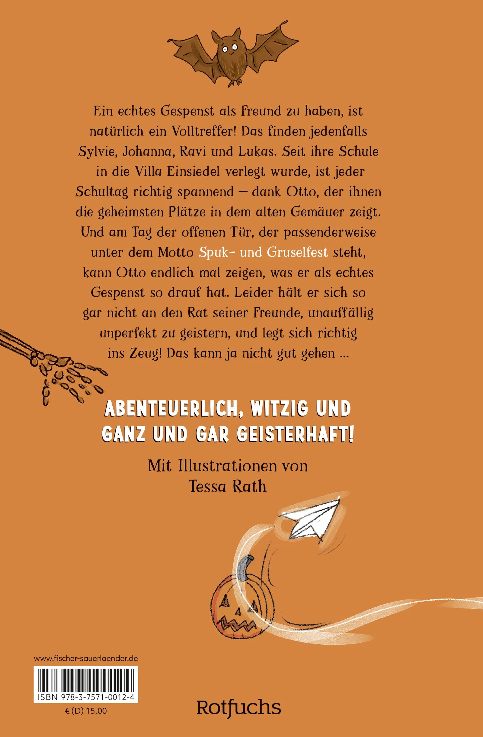 Buchrückseite von 'In unserer Schule spukt's – Die Kürbisverschwörung' mit Klappentext - Gebundene Ausgabe