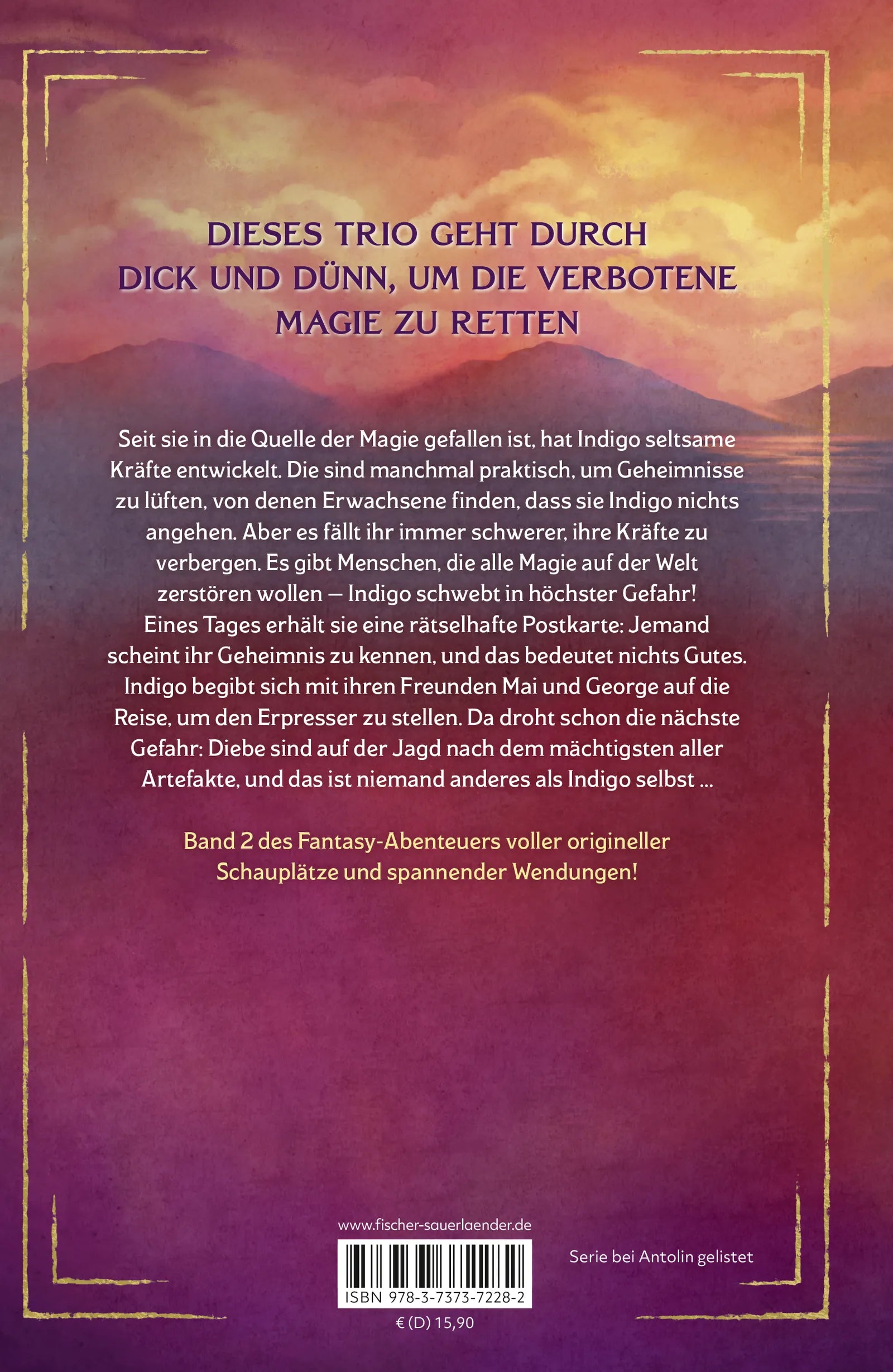 Buchrückseite von 'Indigo Grey – Das Schloss der verborgenen Wunder' mit Klappentext - Gebundene Ausgabe
