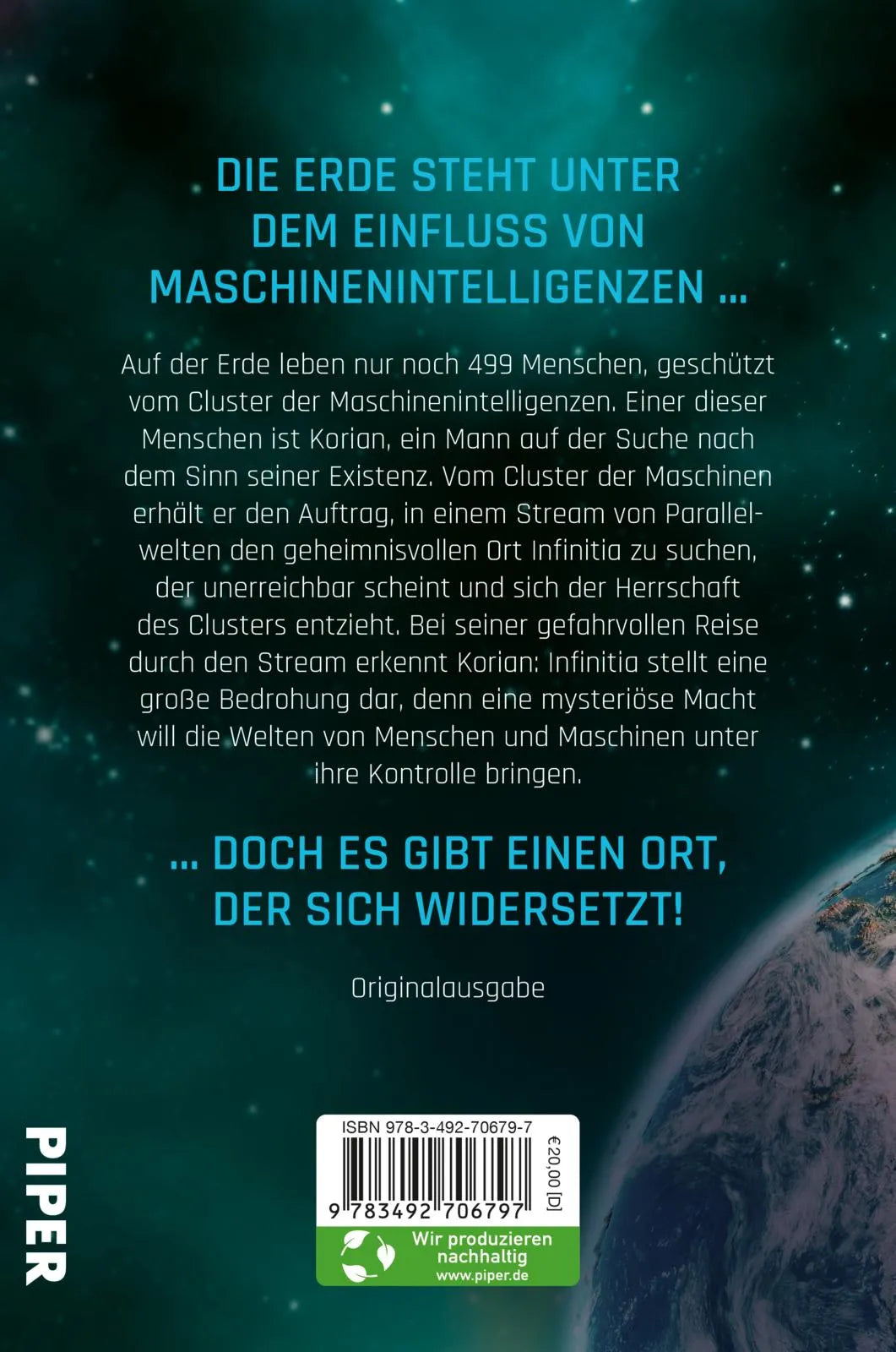 Buchrückseite von 'Infinitia' mit Klappentext - Paperback
