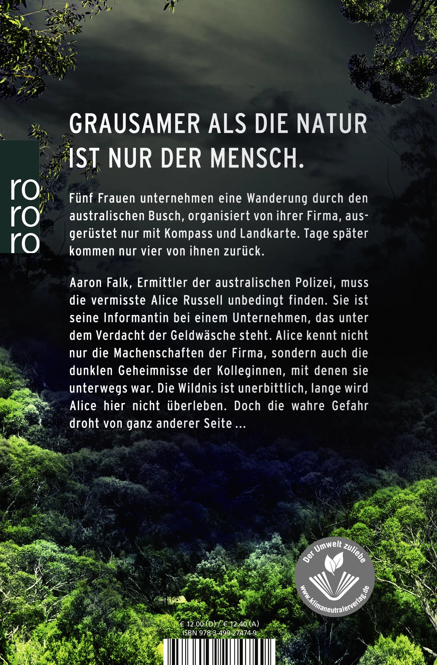 Buchrückseite von 'Ins Dunkel' mit Klappentext - Taschenbuch