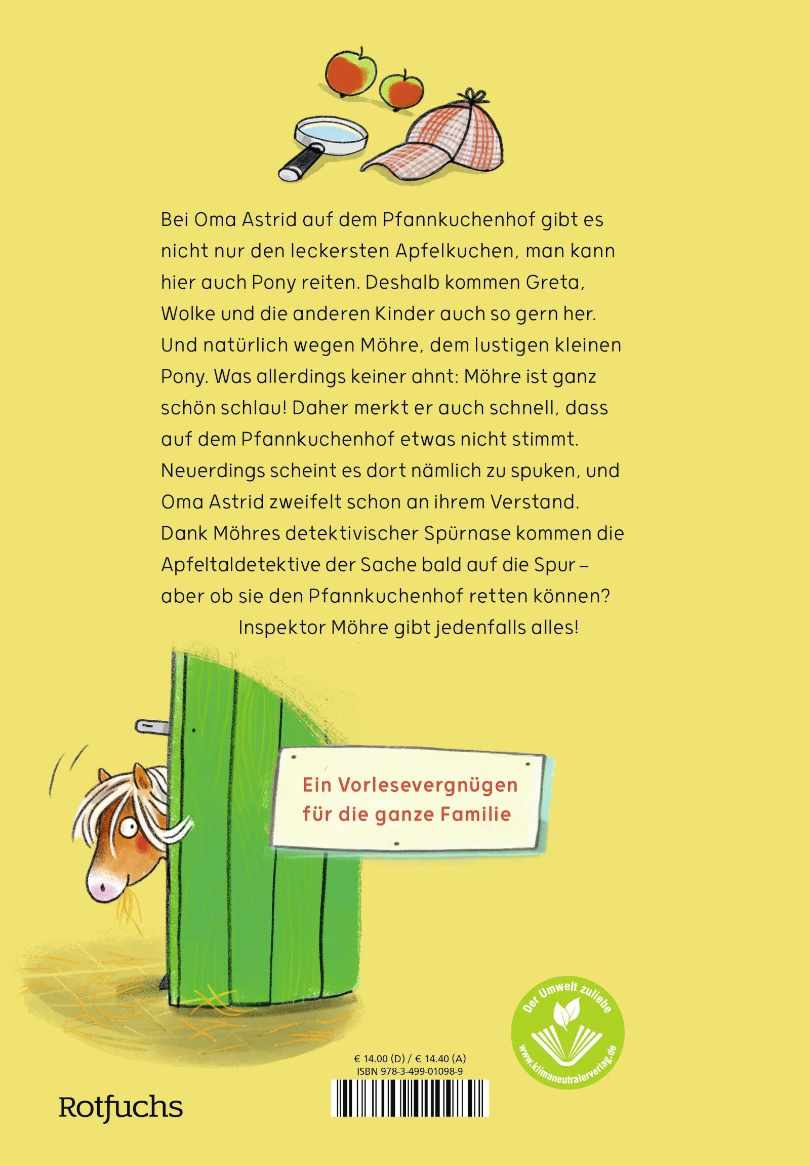 Buchrückseite von 'Inspektor Möhre - Ein Fall für vier Hufe' mit Klappentext - Gebundene Ausgabe