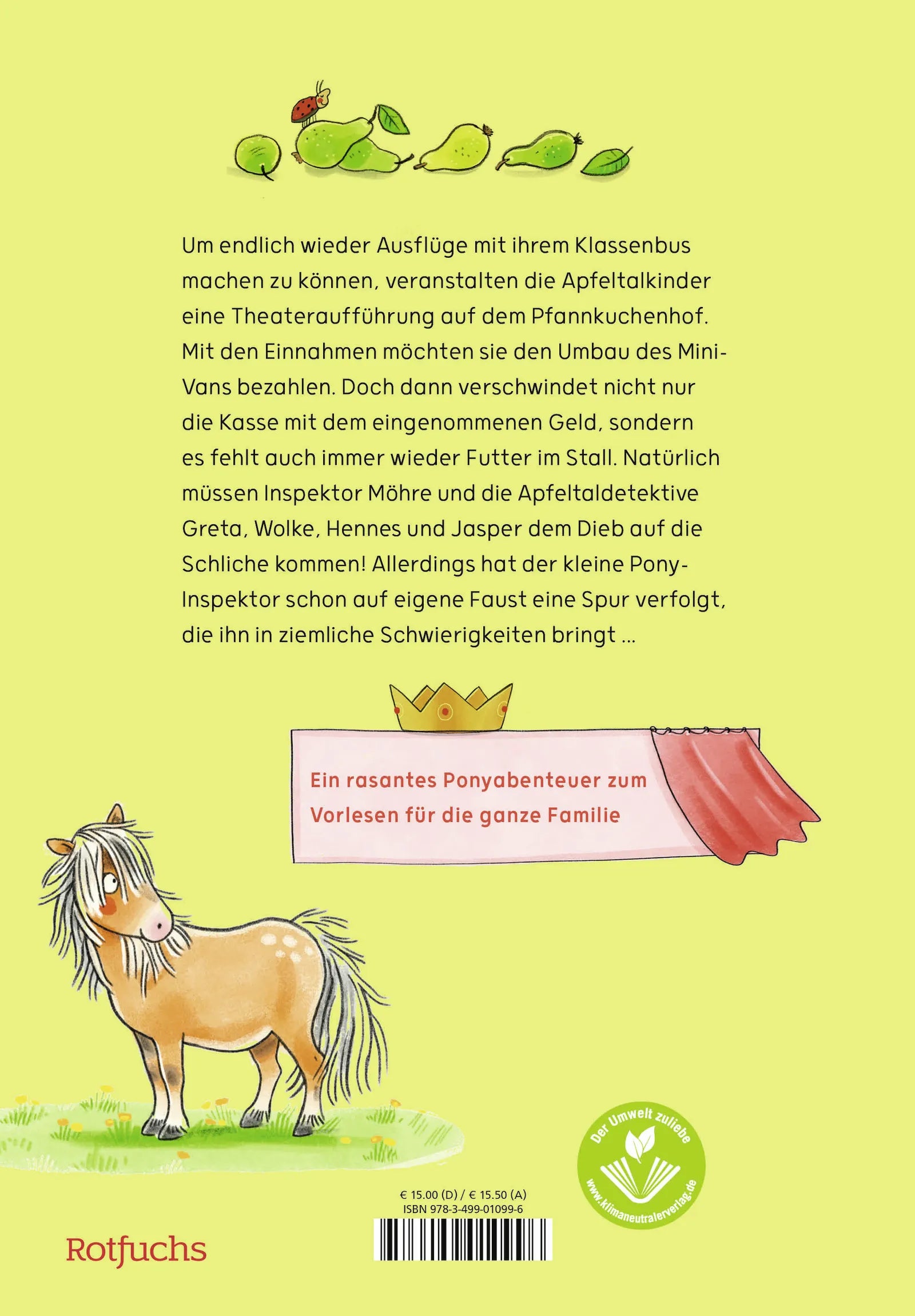 Buchrückseite von 'Inspektor Möhre - Ein Fall für vier Hufe: Theater auf dem Pfannkuchenhof' mit Klappentext - Gebundene Ausgabe