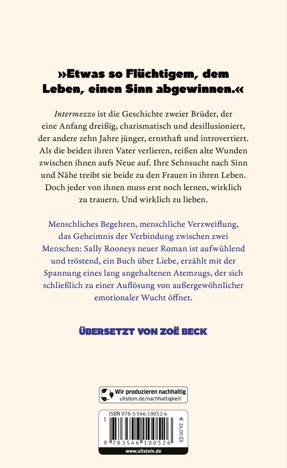Buchrückseite von 'Intermezzo' mit Klappentext - Gebundene Ausgabe