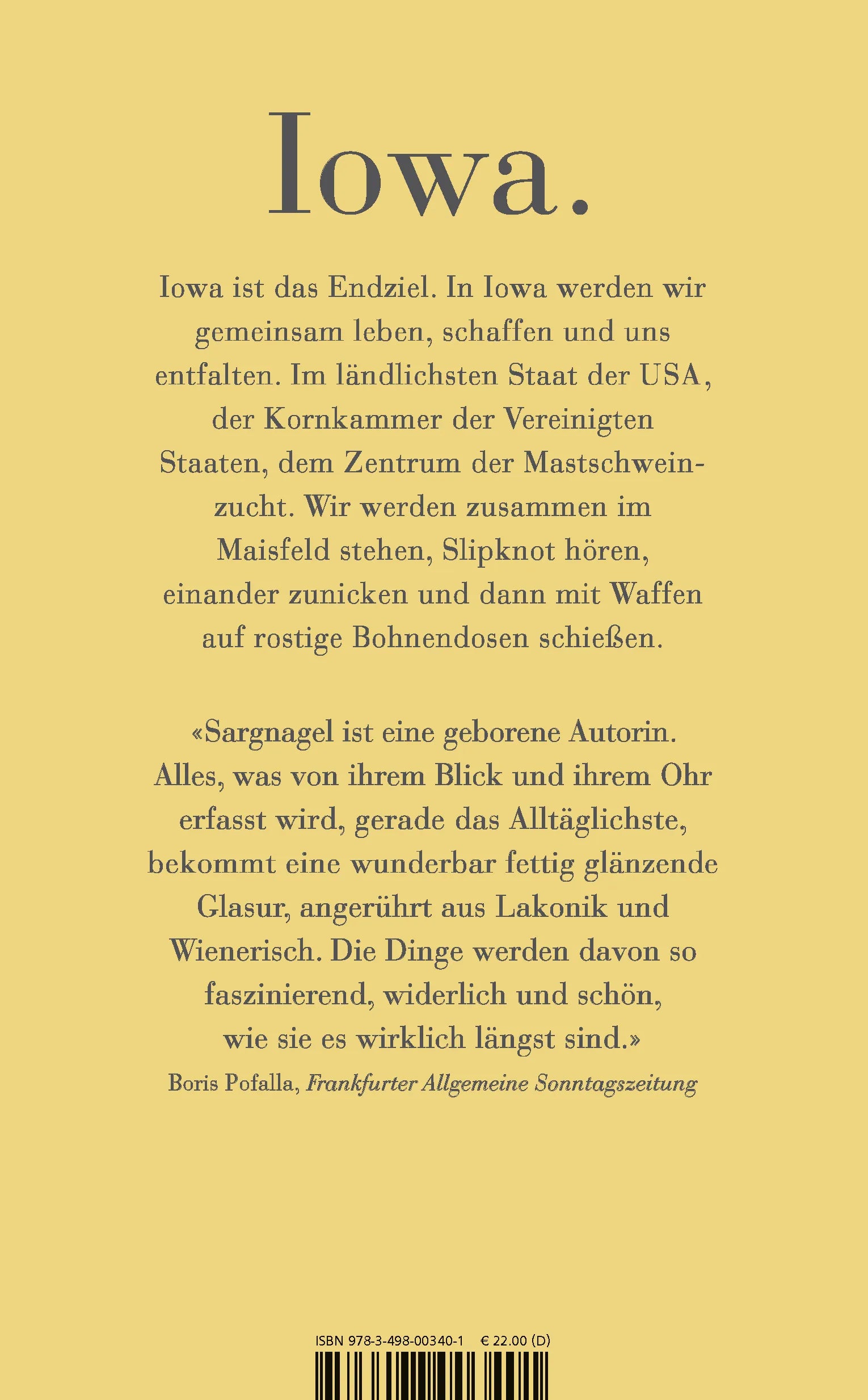 Buchrückseite von 'Iowa' mit Klappentext - Gebundene Ausgabe