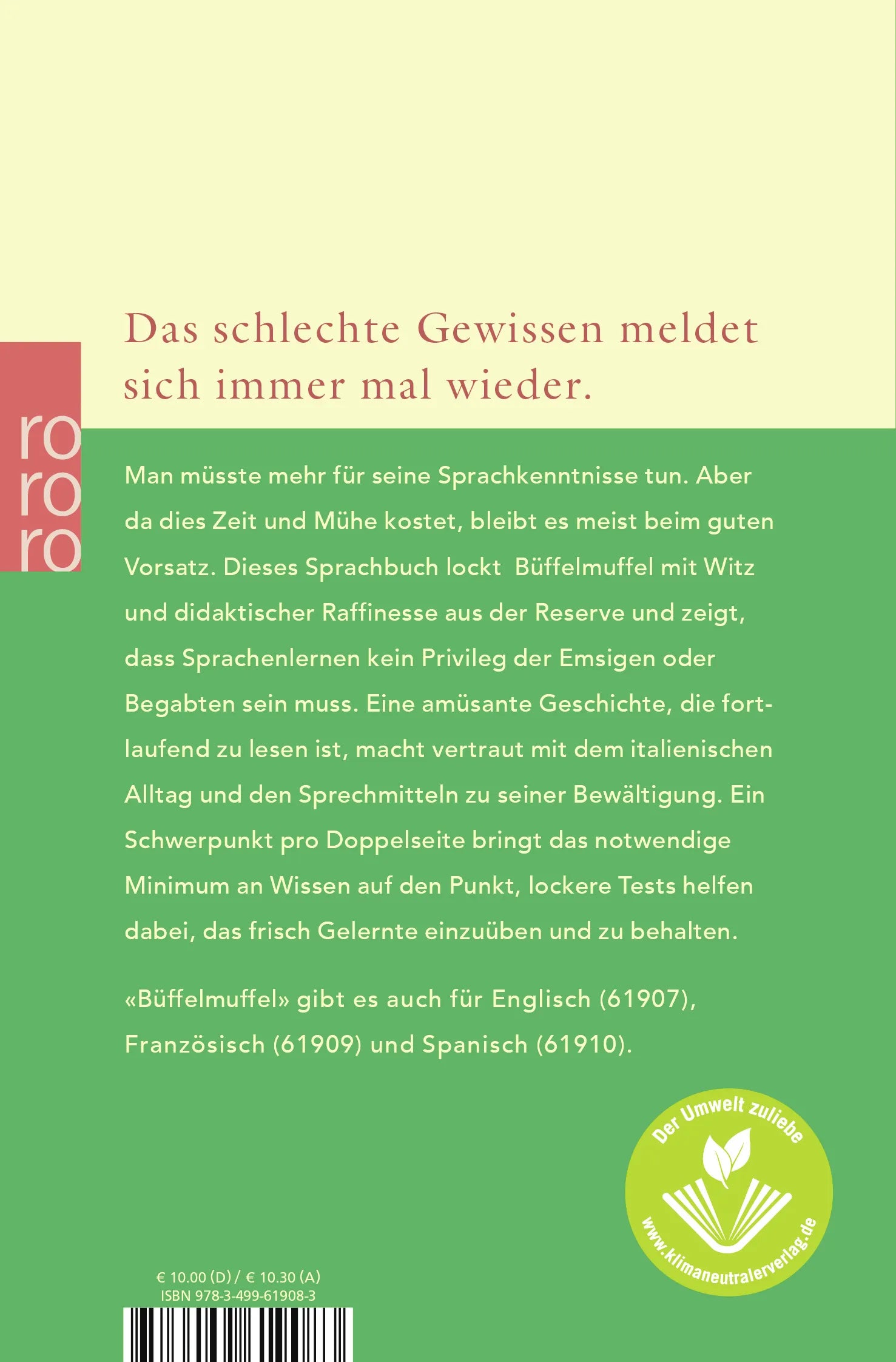 Buchrückseite von 'Italienisch für Büffelmuffel' mit Klappentext - Taschenbuch