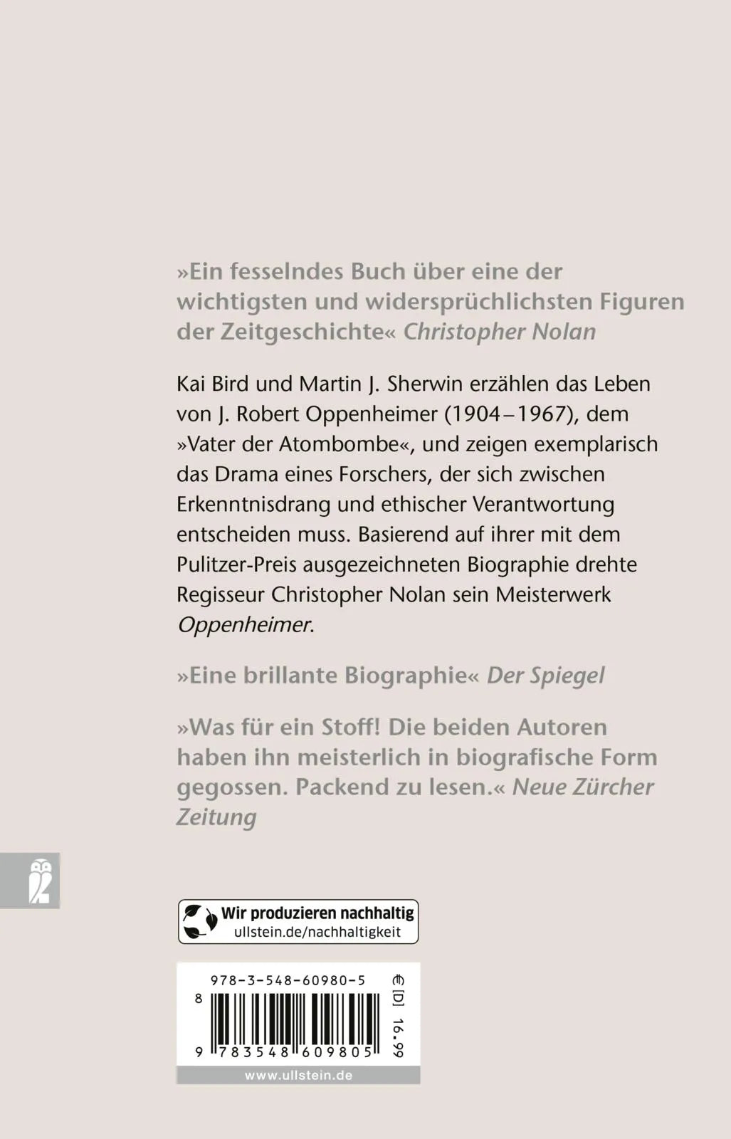 Buchrückseite von 'J. Robert Oppenheimer' mit Klappentext - Taschenbuch