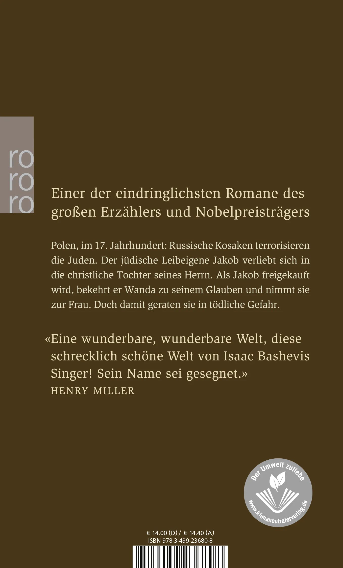 Buchrückseite von 'Jakob der Knecht' mit Klappentext - Taschenbuch