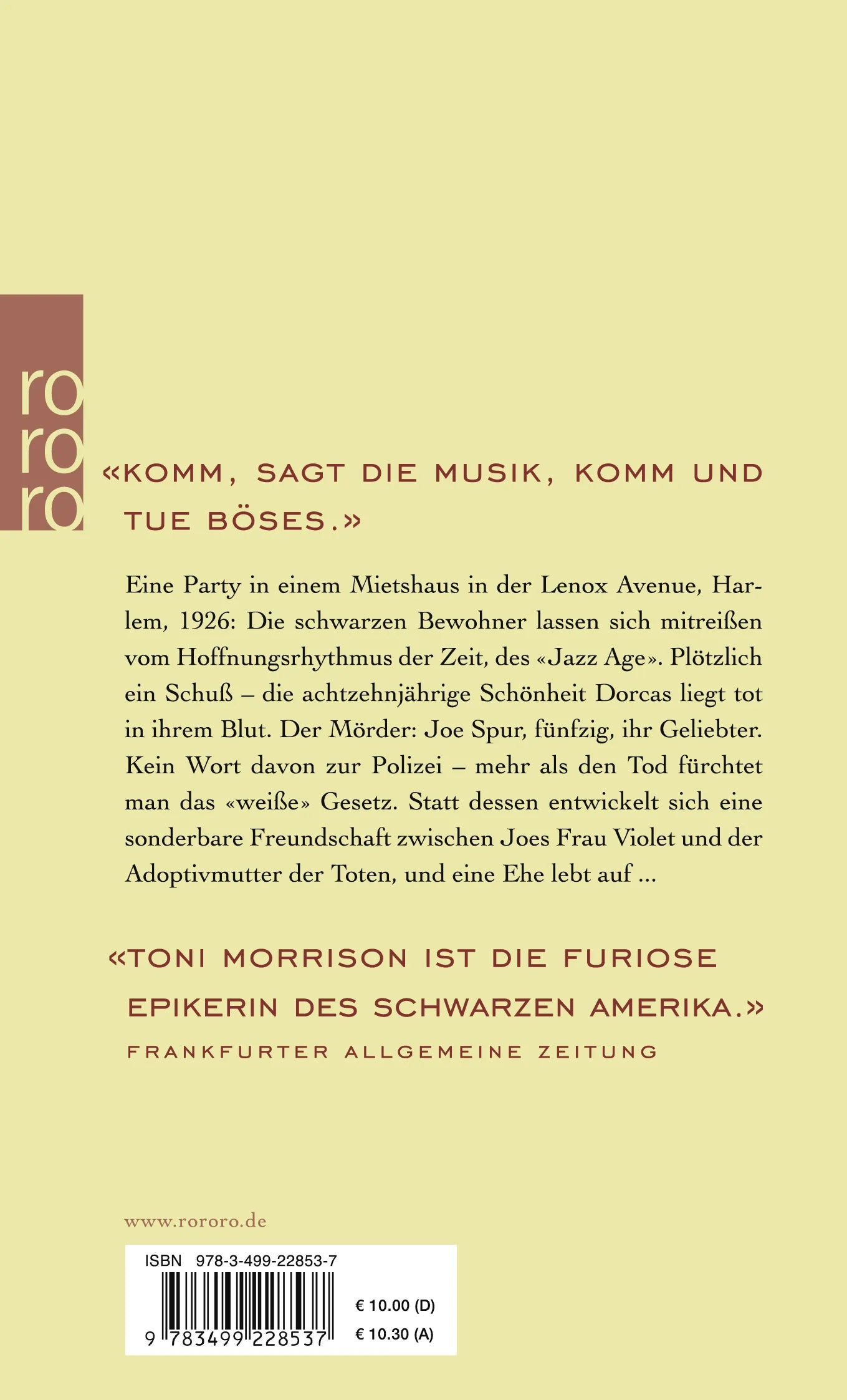 Buchrückseite von 'Jazz' mit Klappentext - Taschenbuch