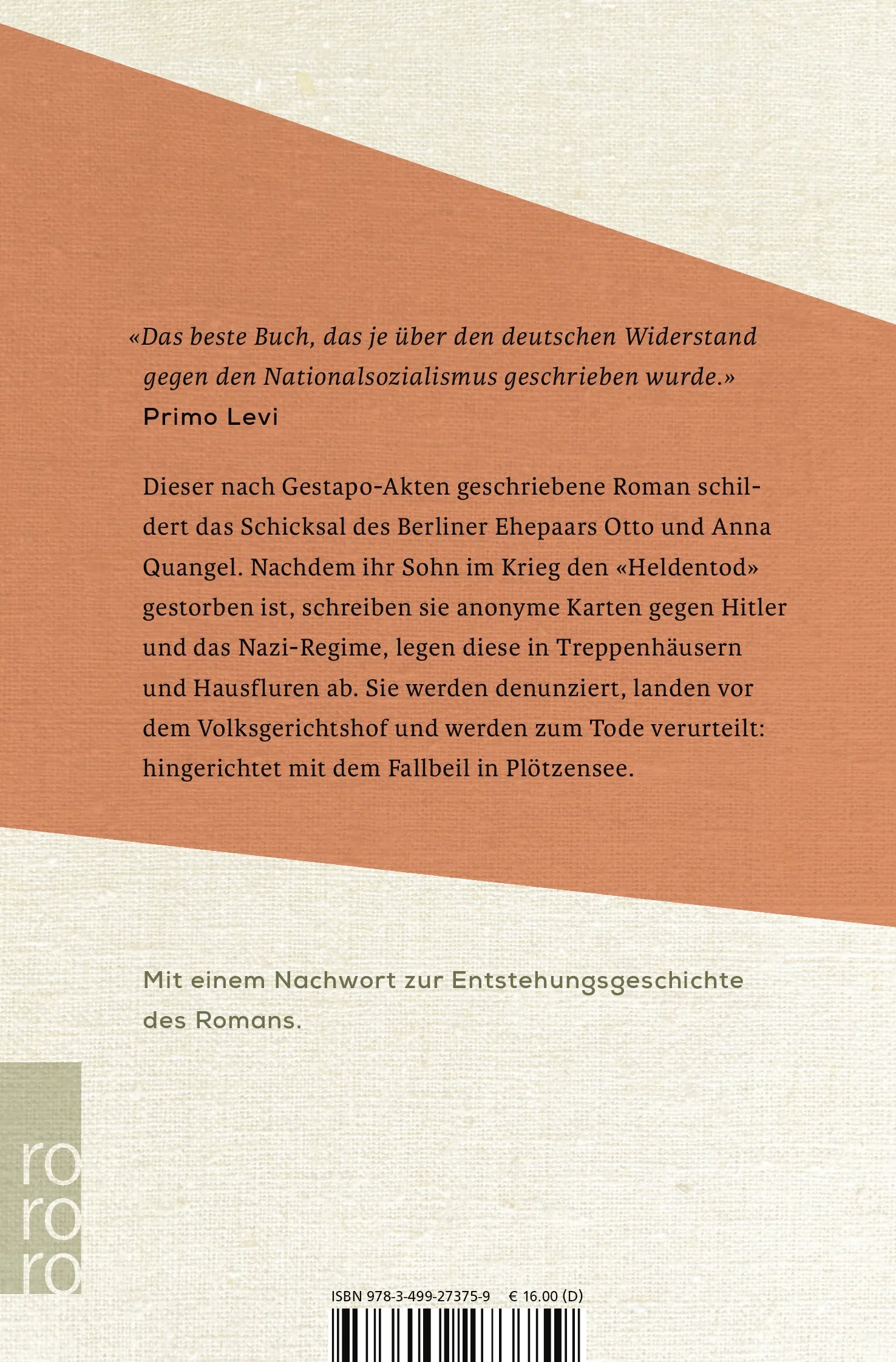 Buchrückseite von 'Jeder stirbt für sich allein' mit Klappentext - Taschenbuch