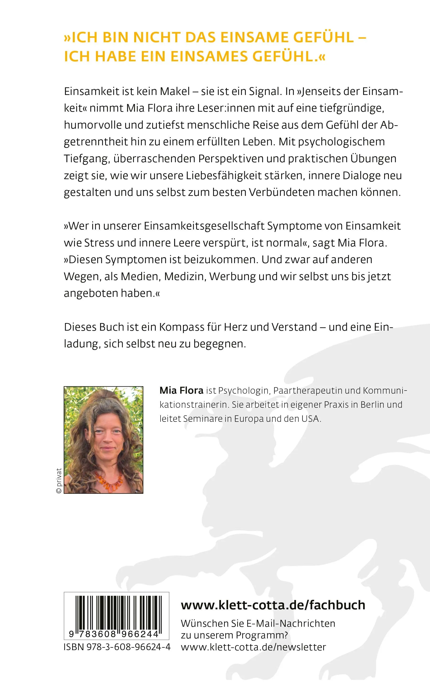 Buchrückseite von 'Jenseits der Einsamkeit' mit Klappentext - Paperback