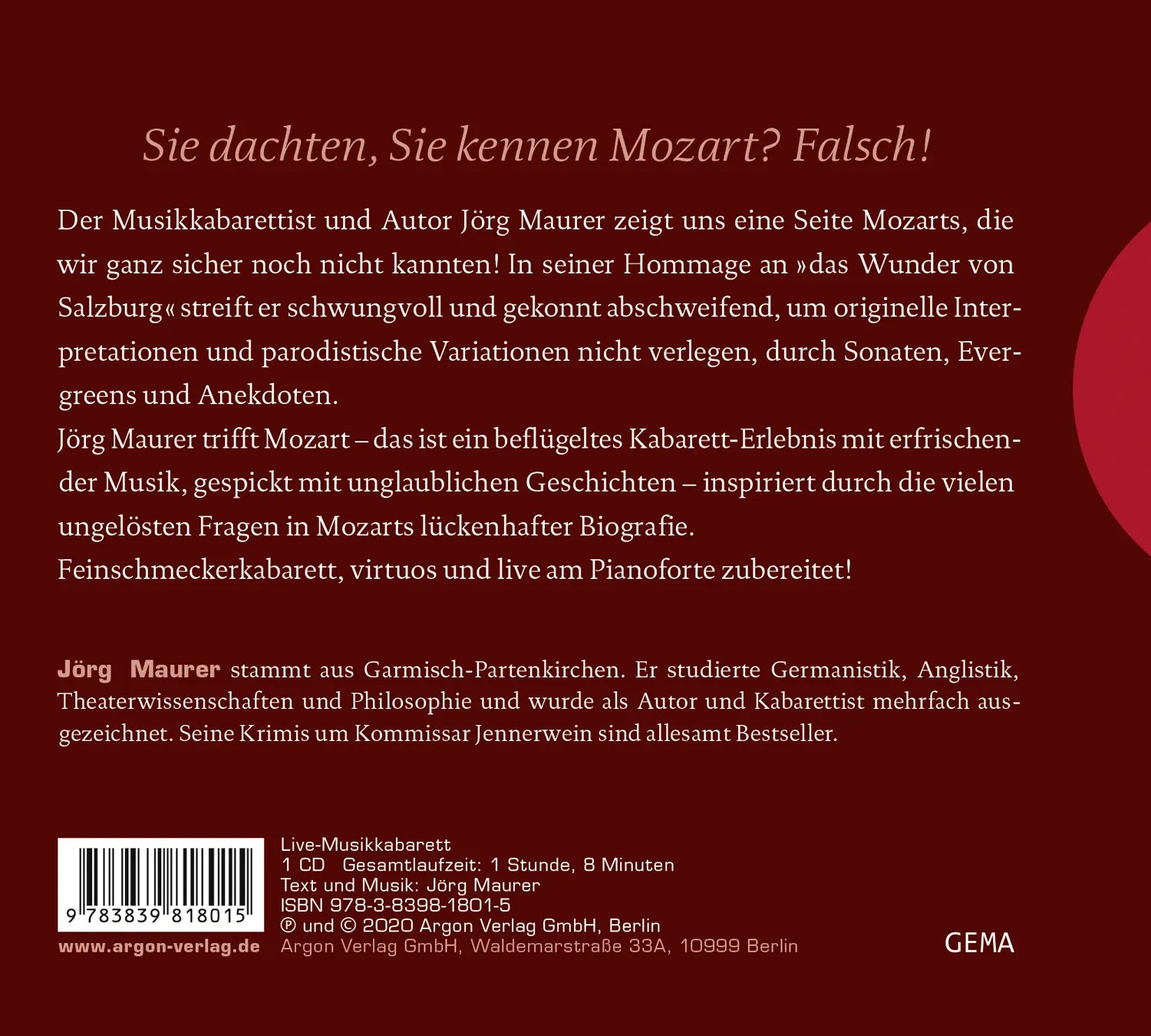 Buchrückseite von 'Jörg Maurer trifft Mozart' mit Klappentext - Hörbuch (CD)