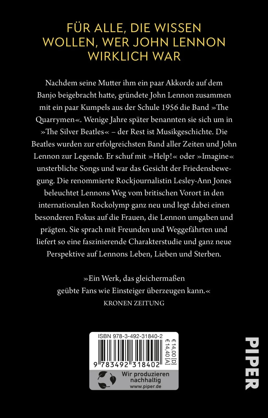 Buchrückseite von 'John Lennon' mit Klappentext - Taschenbuch
