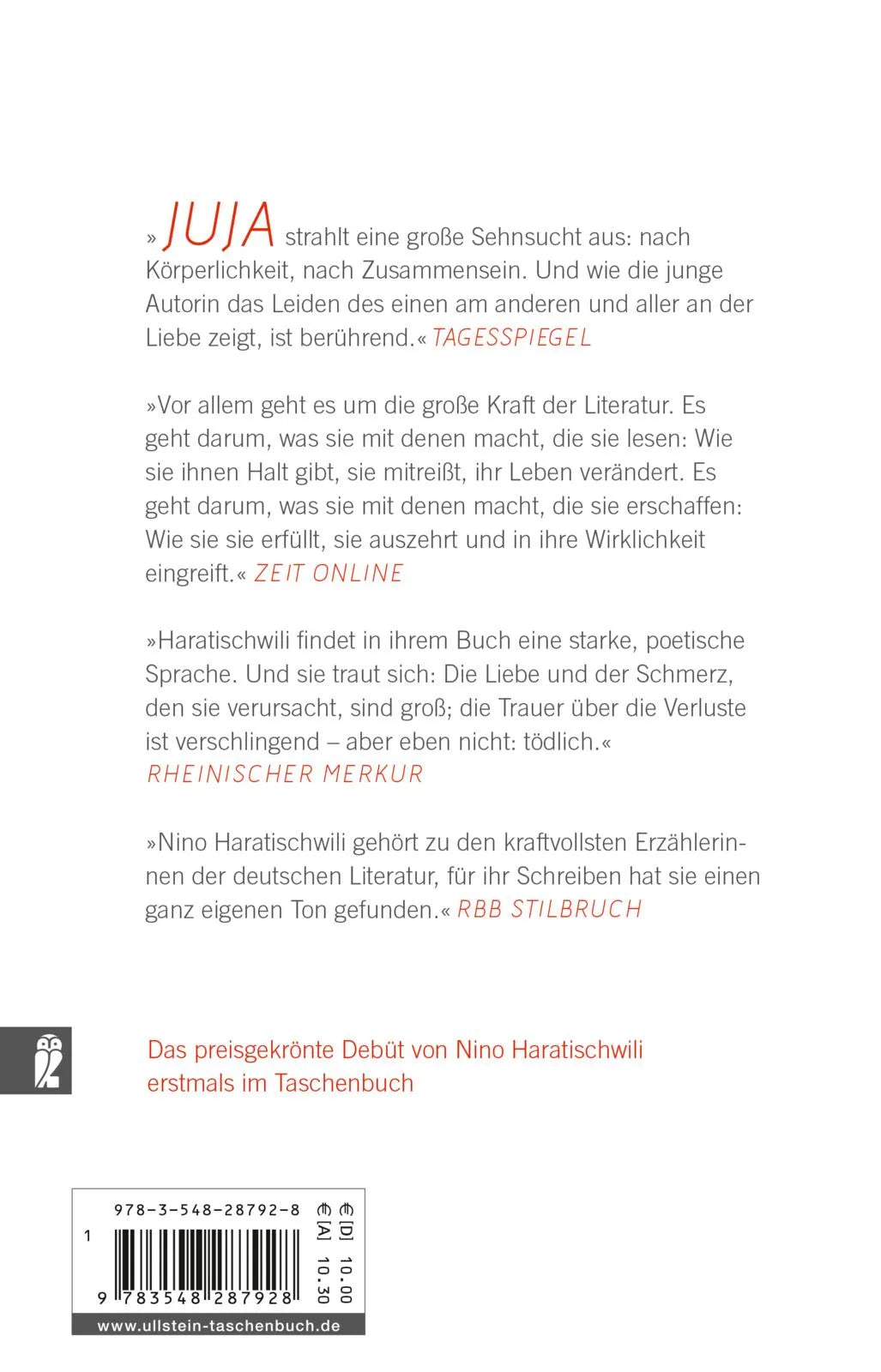 Buchrückseite von 'Juja' mit Klappentext - Taschenbuch