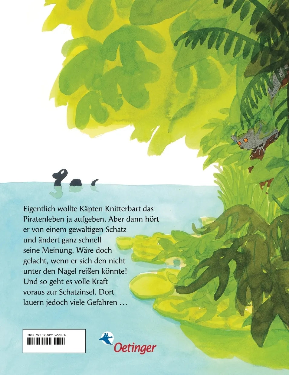 Buchrückseite von 'Käpten Knitterbart auf der Schatzinsel' mit Klappentext - Gebundene Ausgabe