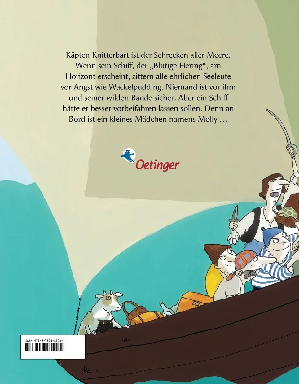 Buchrückseite von 'Käpten Knitterbart und seine Bande' mit Klappentext - Gebundene Ausgabe