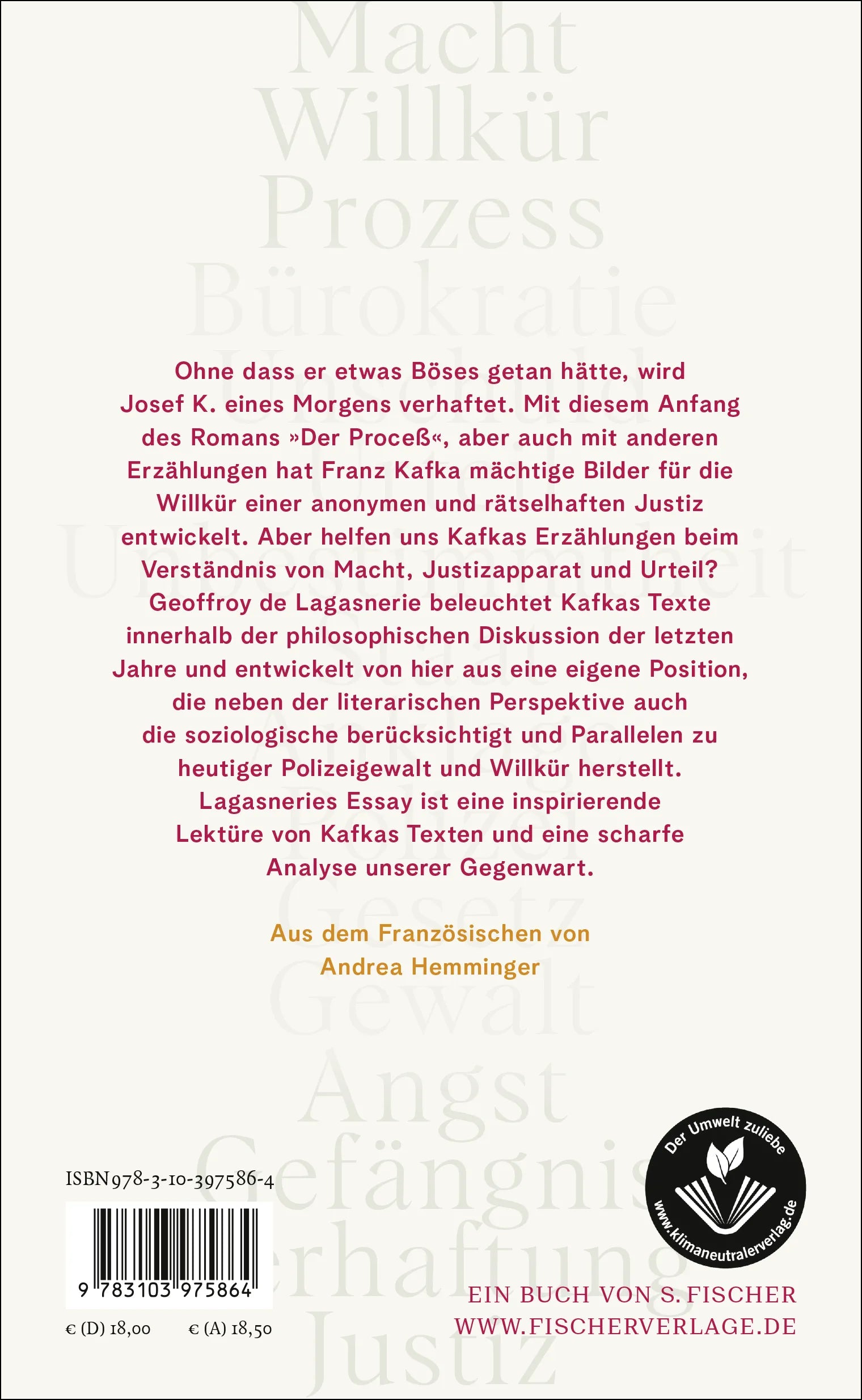 Buchrückseite von 'Kafka misstrauen' mit Klappentext - Gebundene Ausgabe