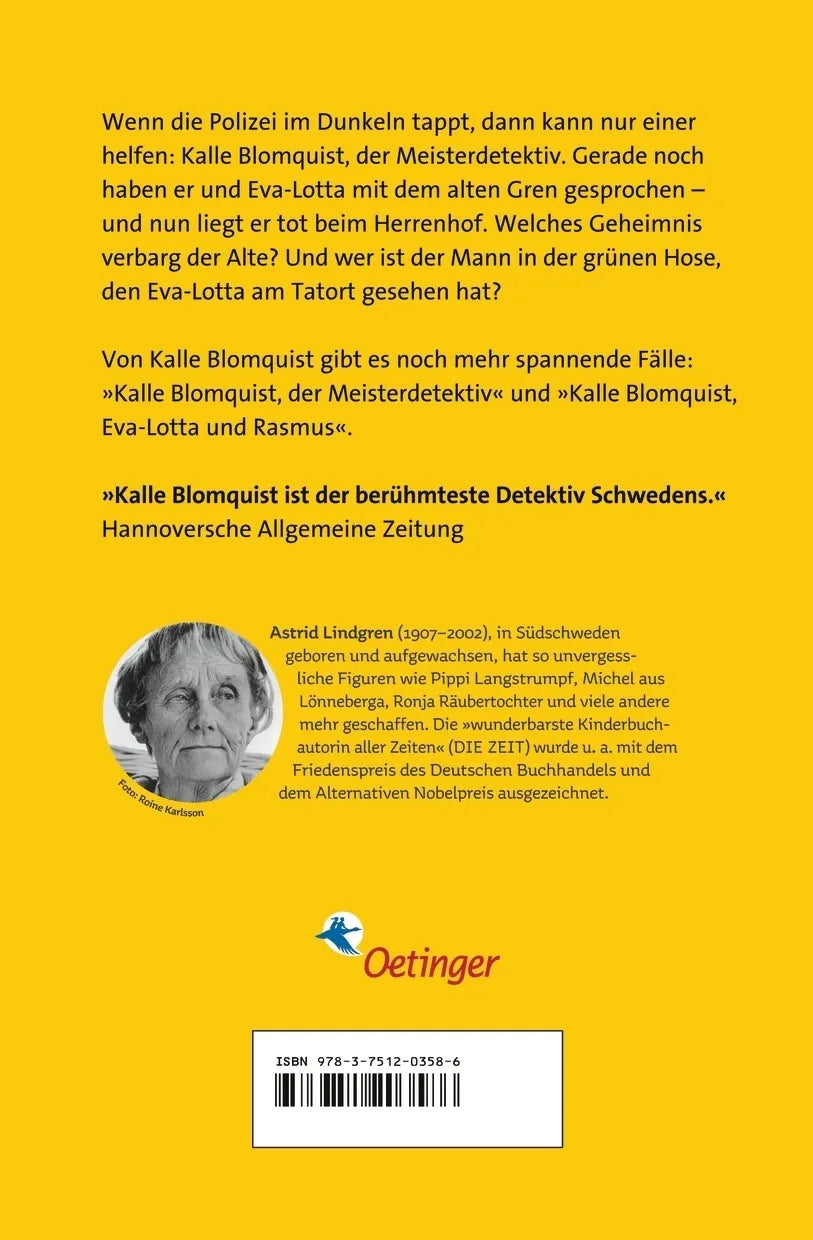 Buchrückseite von 'Kalle Blomquist 2. Kalle Blomquist lebt gefährlich' mit Klappentext - Taschenbuch