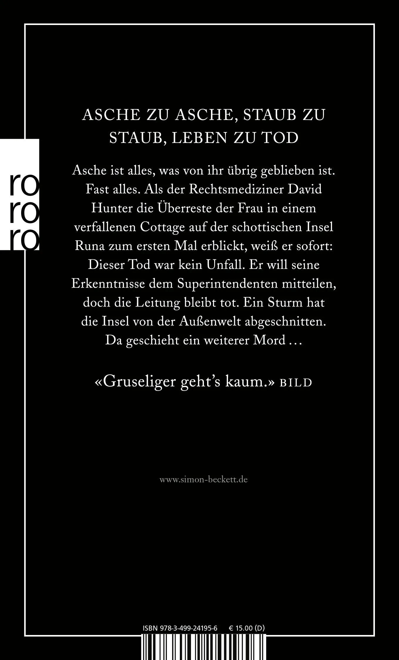 Buchrückseite von 'Kalte Asche' mit Klappentext - Taschenbuch