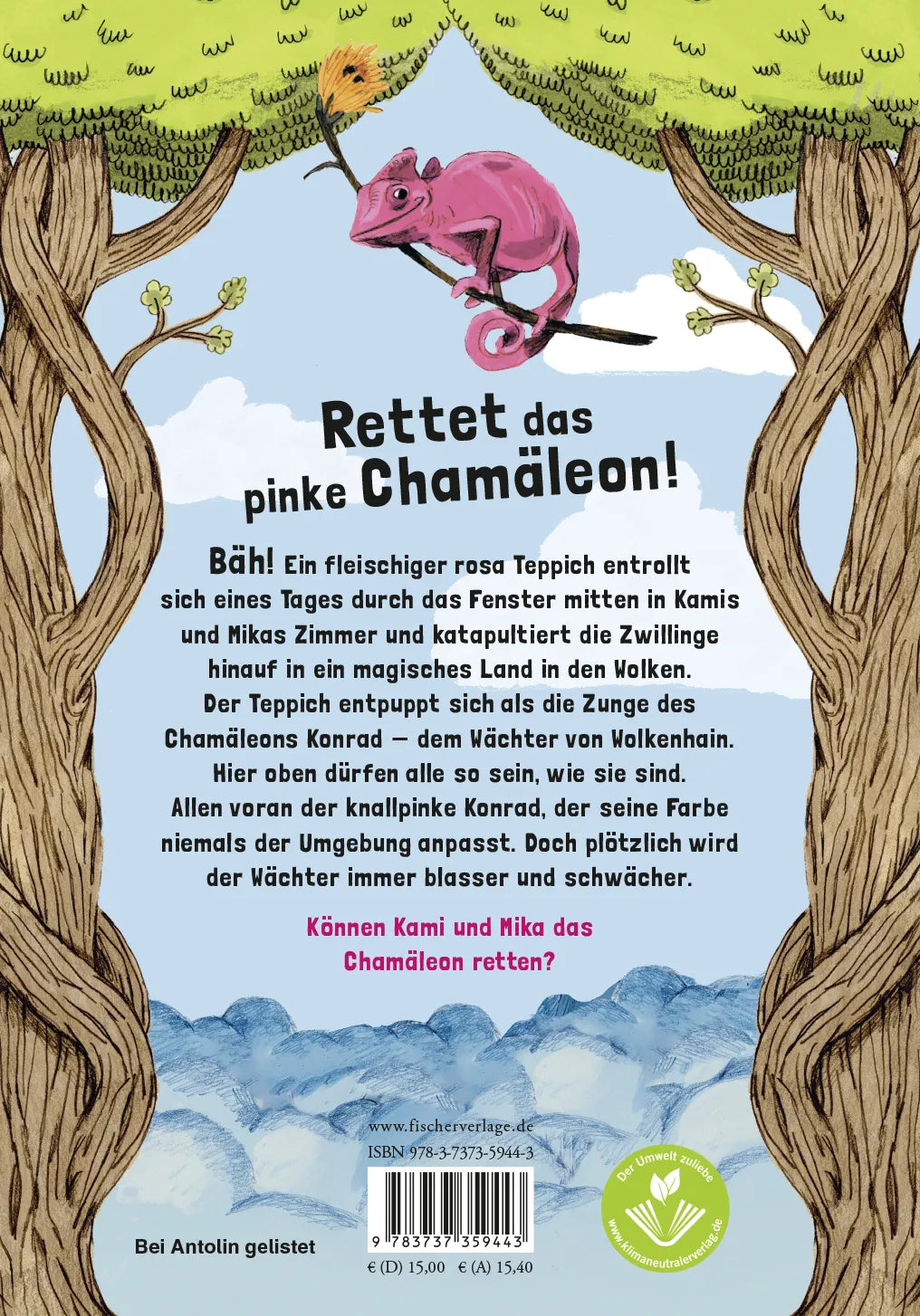 Buchrückseite von 'Kami & Mika – Die phantastische Reise nach Wolkenhain' mit Klappentext - Gebundene Ausgabe
