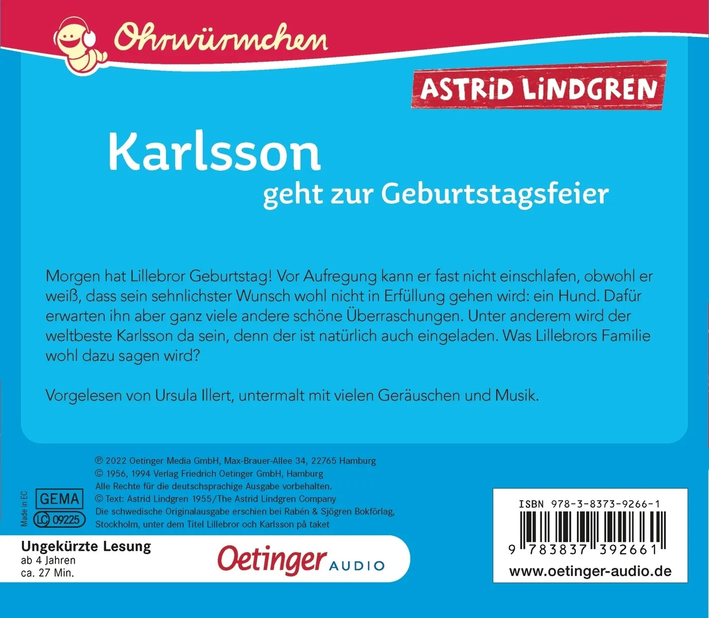 Buchrückseite von 'Karlsson geht zur Geburtstagsfeier' mit Klappentext - Hörbuch (CD)