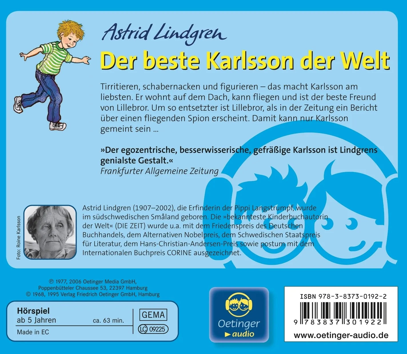 Buchrückseite von 'Karlsson vom Dach 3. Der beste Karlsson der Welt. Hörspielklassiker' mit Klappentext - Hörbuch (CD)
