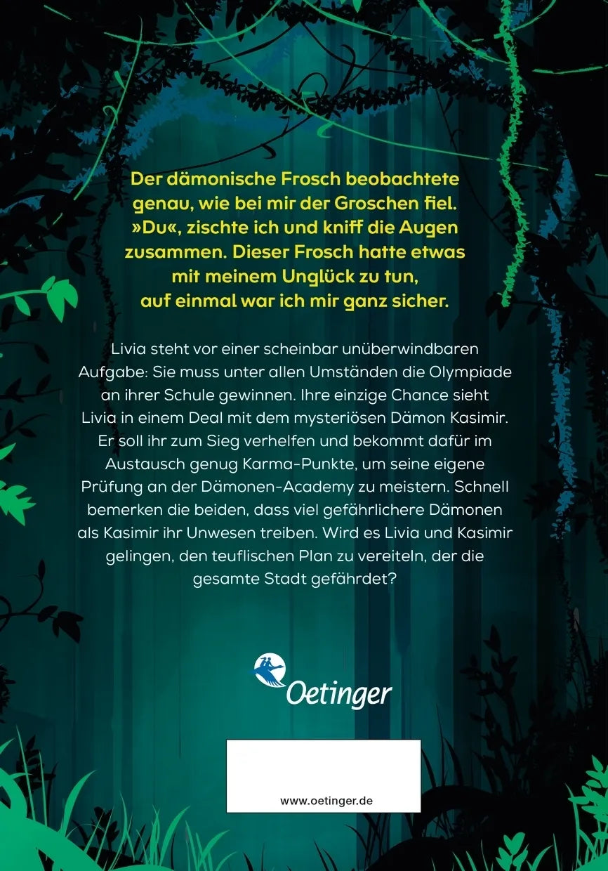 Buchrückseite von 'Karma Drama 1. Dämonische Prüfung' mit Klappentext - Gebundene Ausgabe