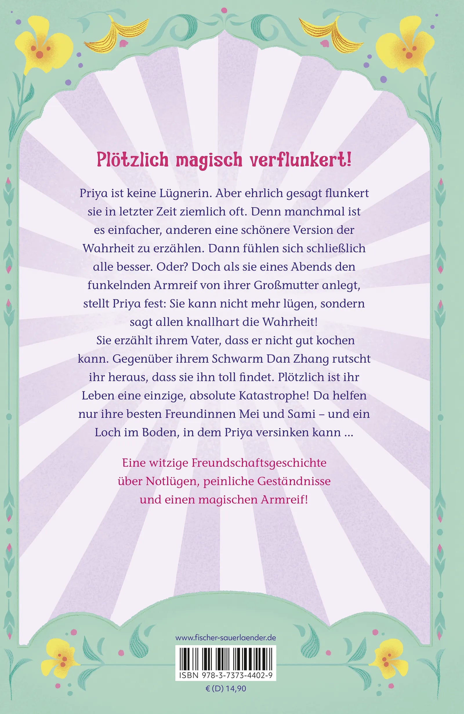 Buchrückseite von 'Karma Girl – Das Mädchen, das nicht lügen konnte' mit Klappentext - Gebundene Ausgabe