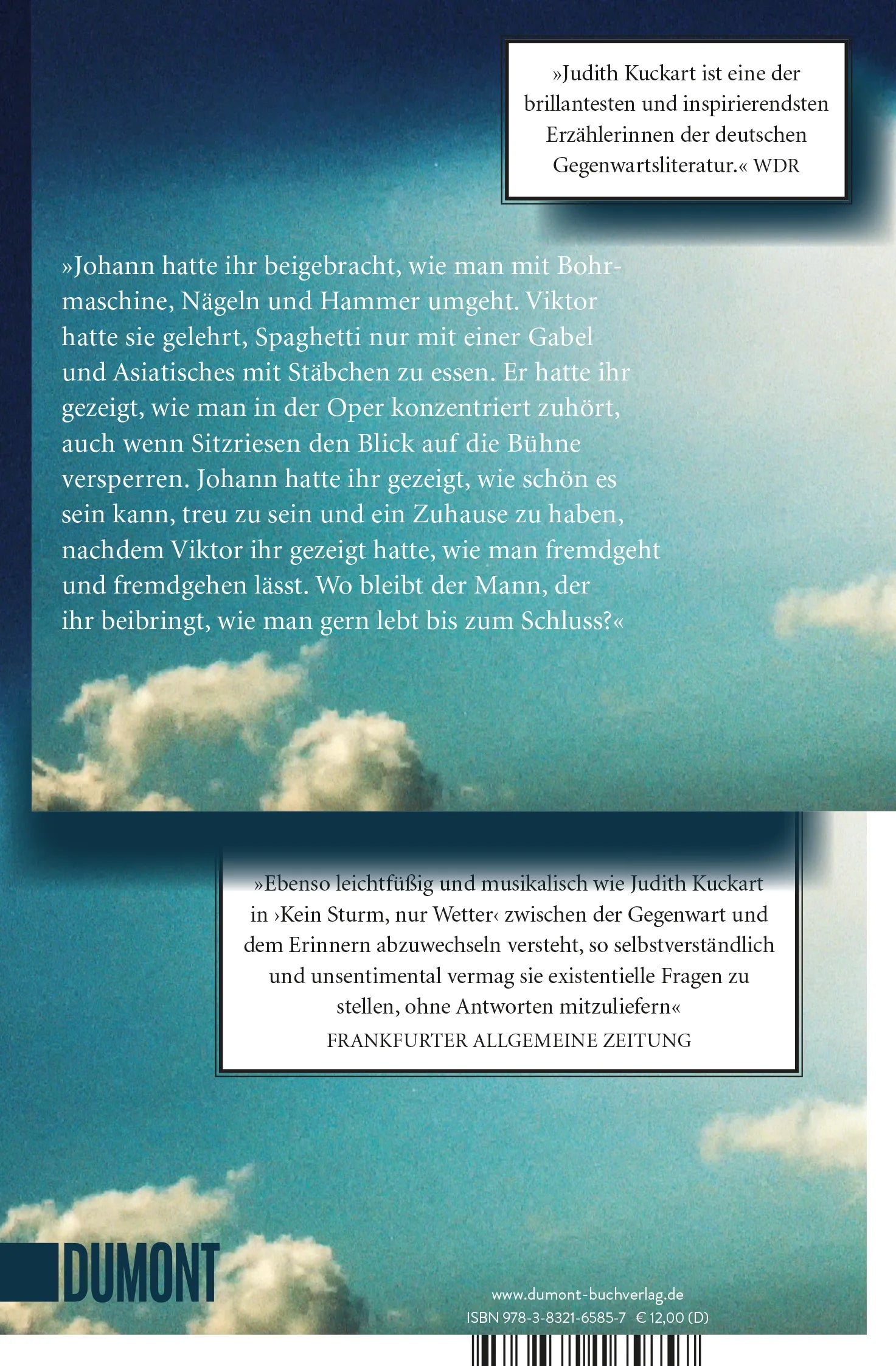 Buchrückseite von 'Kein Sturm, nur Wetter' mit Klappentext - Taschenbuch