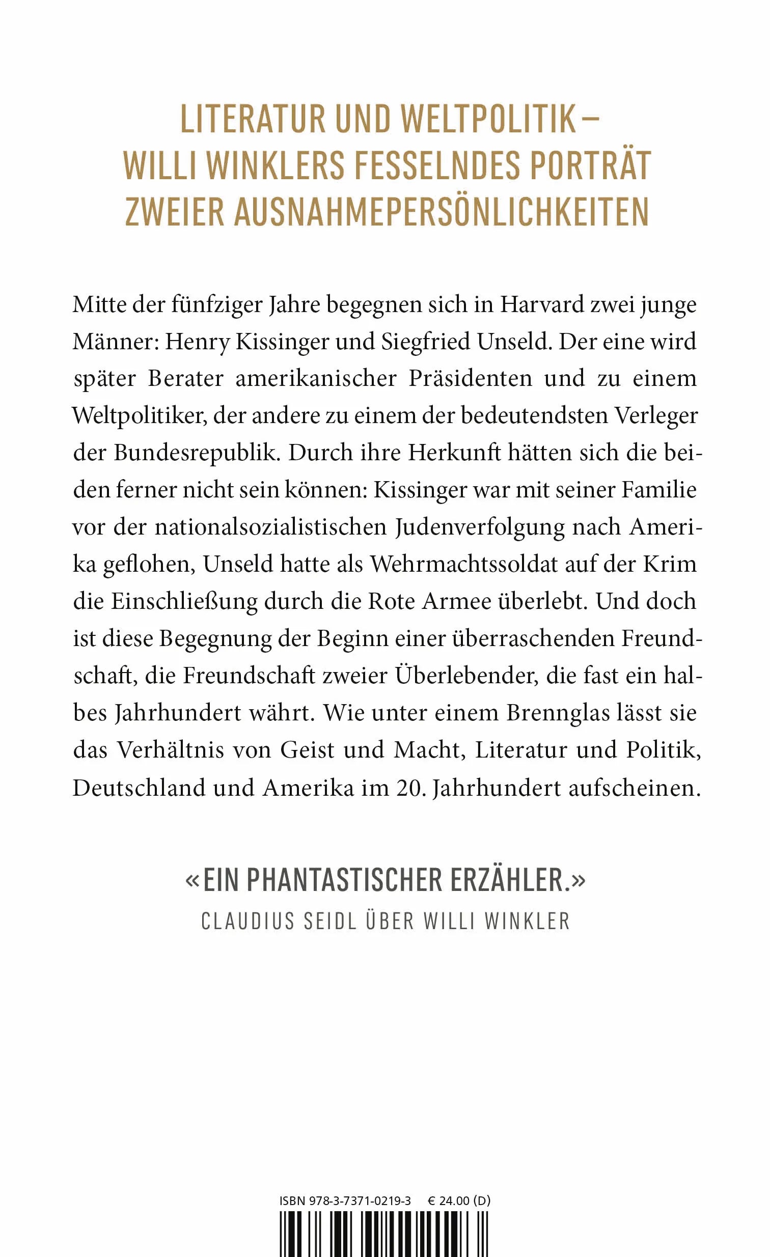 Buchrückseite von 'Kissinger & Unseld' mit Klappentext - Gebundene Ausgabe