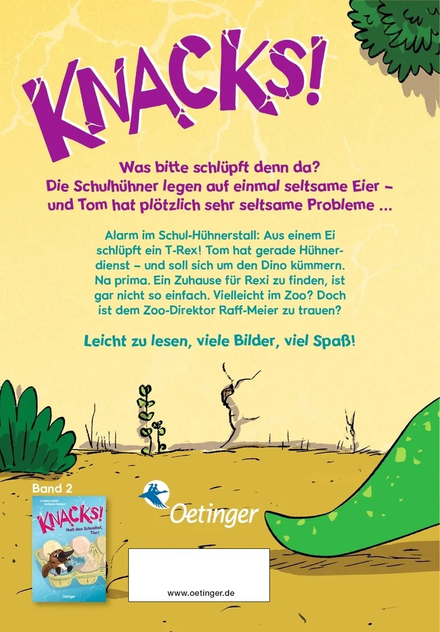 Buchrückseite von 'Knacks! 1 Ein T-Rex schlüpft aus' mit Klappentext - Gebundene Ausgabe
