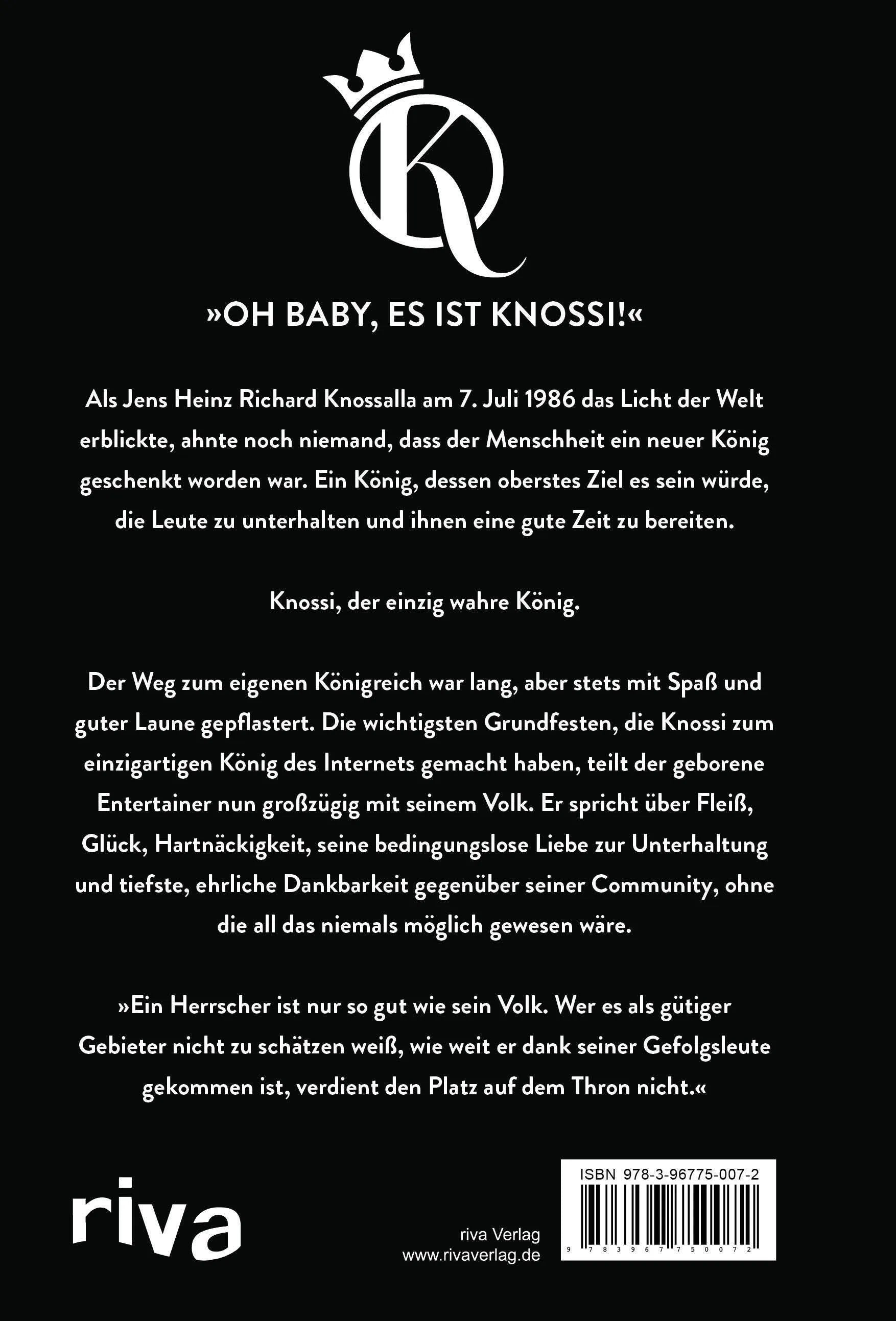 Buchrückseite von 'Knossi – König des Internets' mit Klappentext - Gebundene Ausgabe