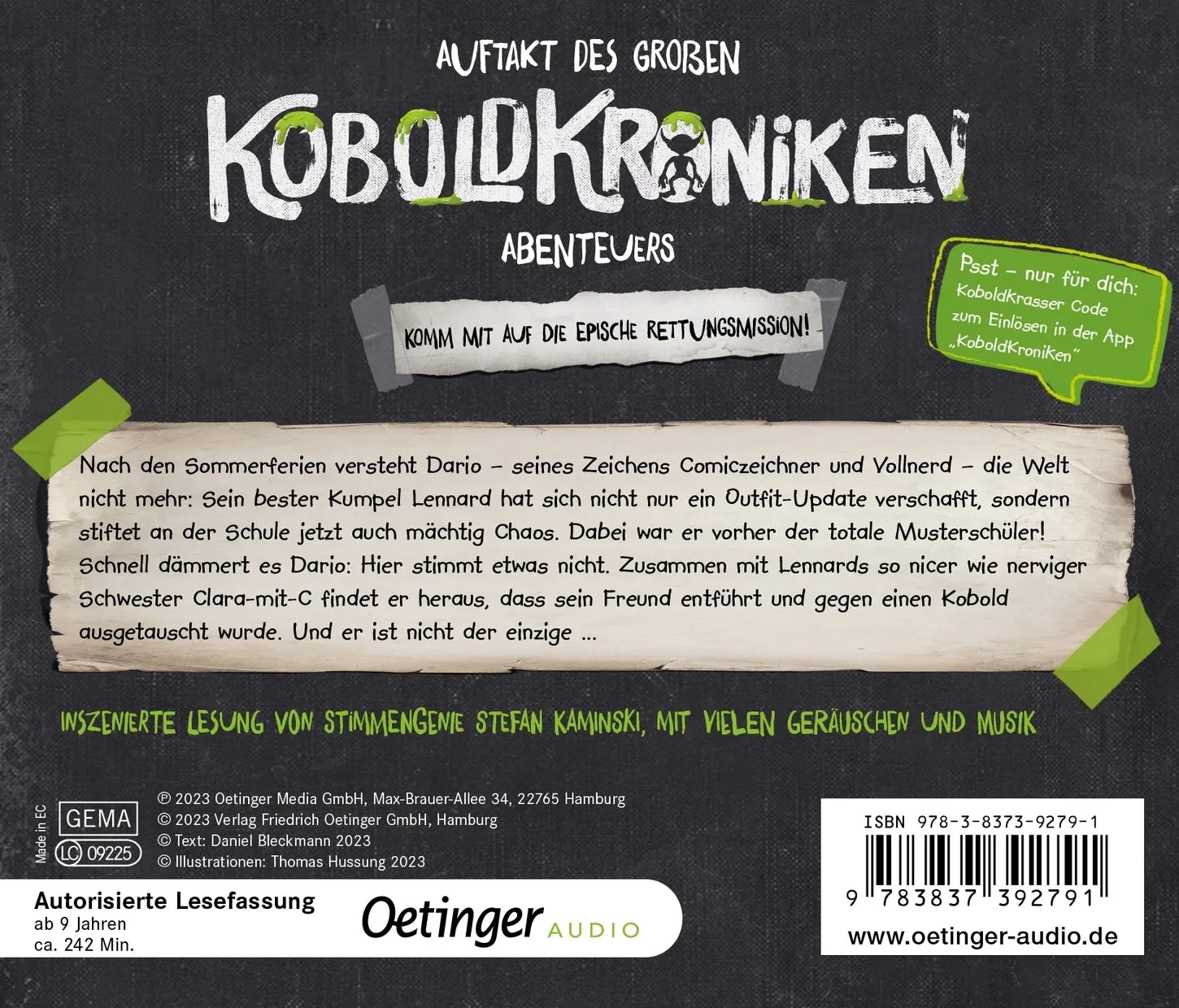 Buchrückseite von 'KoboldKroniken 1. Sie sind unter uns!' mit Klappentext - Hörbuch (CD)