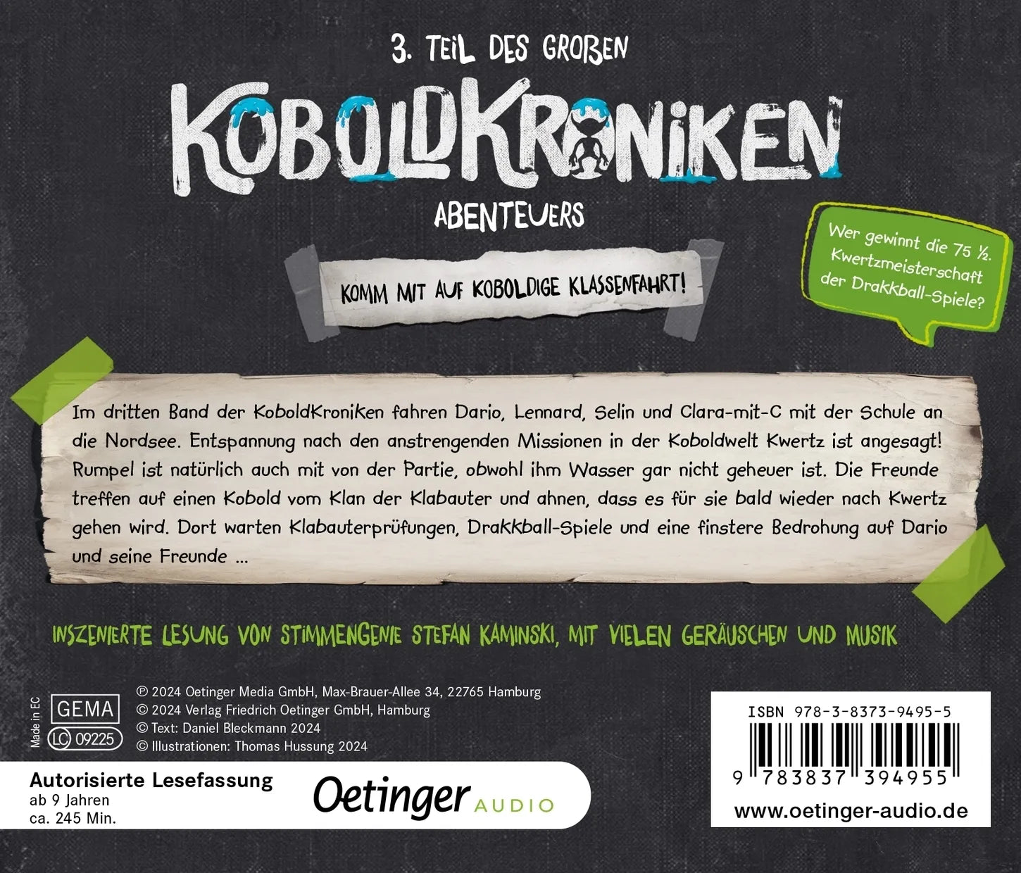 Buchrückseite von 'KoboldKroniken 3. Klassenfahrt mit Klabauter' mit Klappentext - Hörbuch (CD)