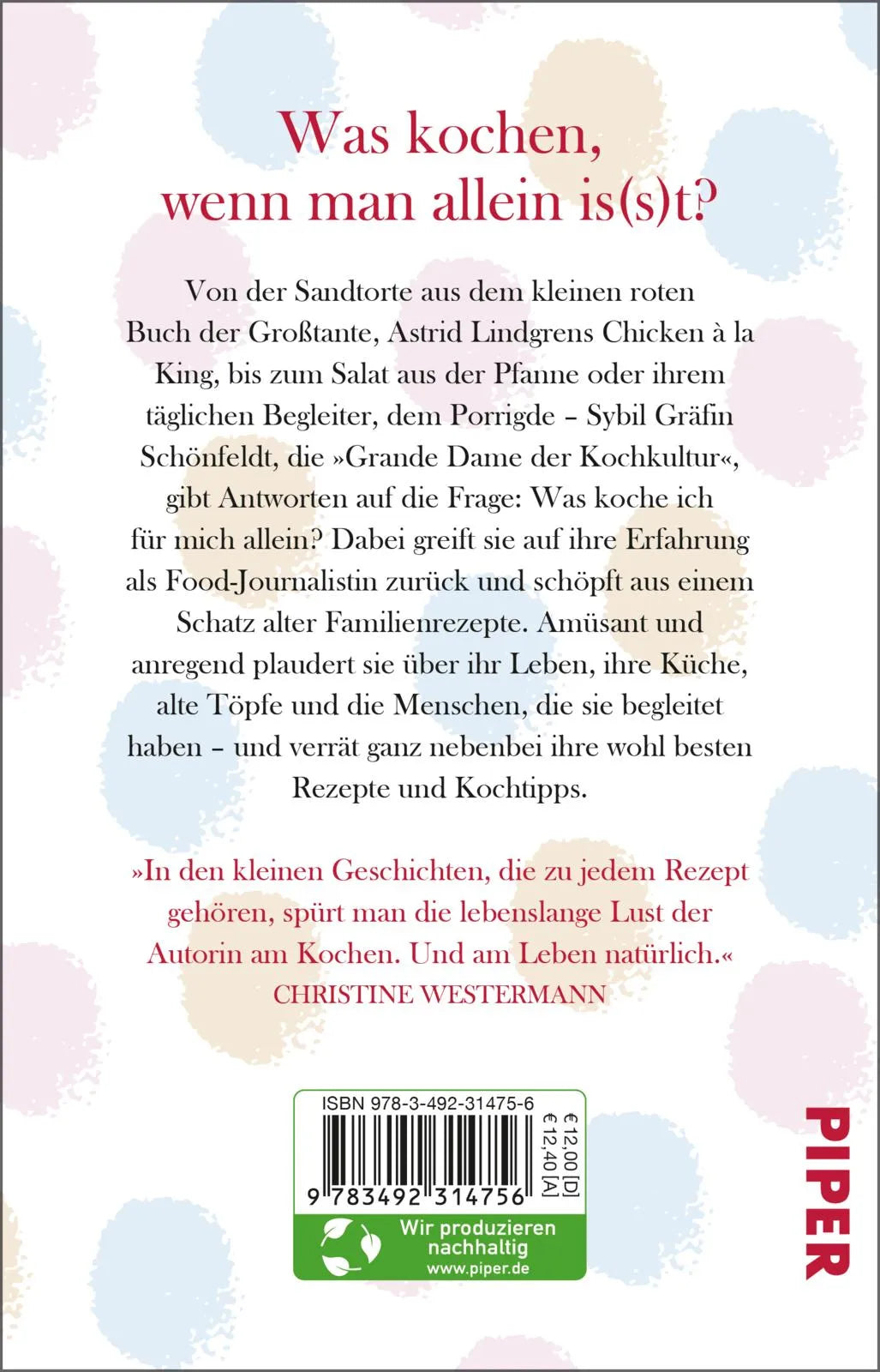 Buchrückseite von 'Kochbuch für die kleine alte Frau' mit Klappentext - Taschenbuch