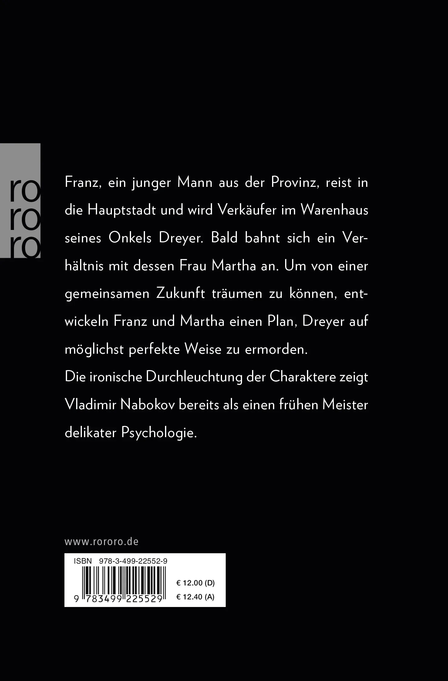 Buchrückseite von 'König Dame Bube' mit Klappentext - Taschenbuch