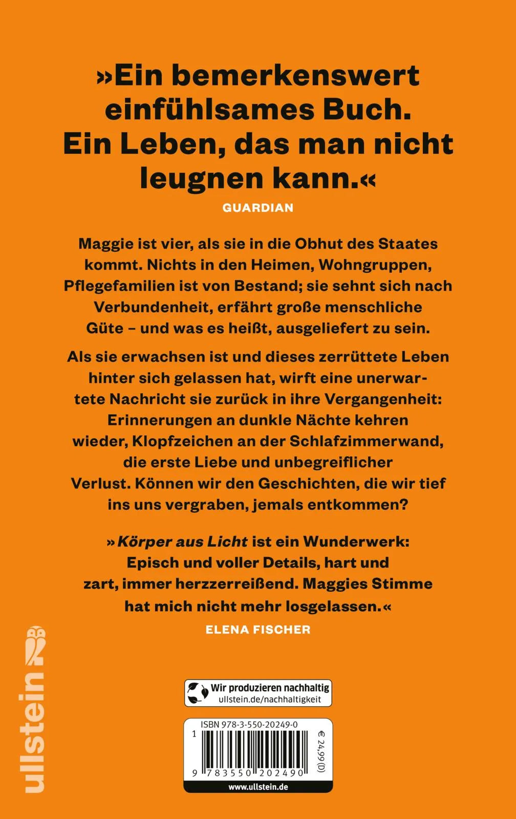 Buchrückseite von 'Körper aus Licht' mit Klappentext - Gebundene Ausgabe