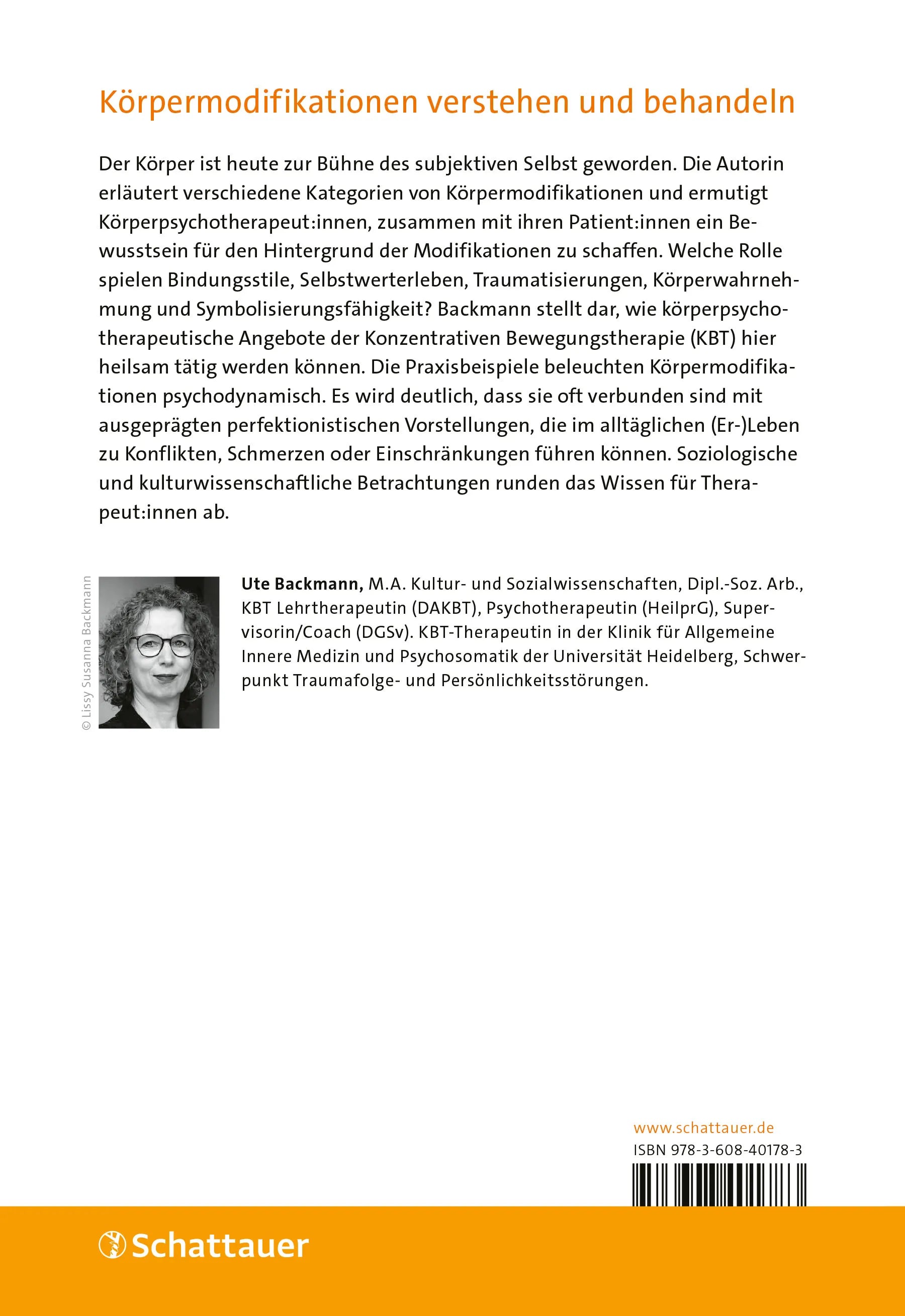 Buchrückseite von 'Körpermodifikationen – Interventionen der Konzentrativen Bewegungstherapie' mit Klappentext - Paperback