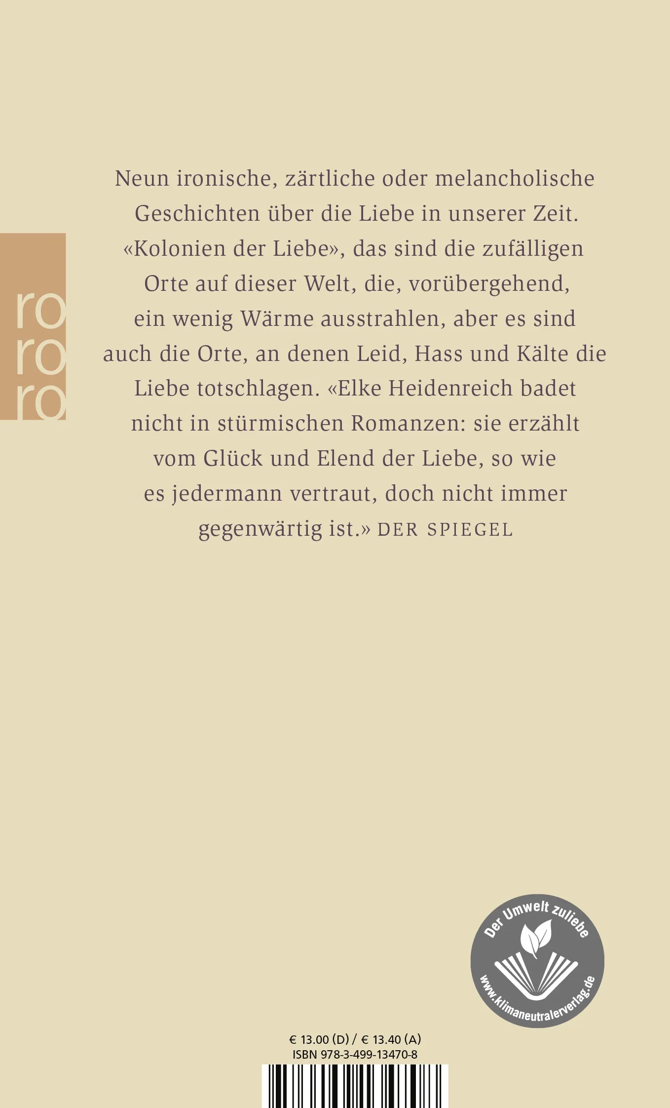 Buchrückseite von 'Kolonien der Liebe' mit Klappentext - Taschenbuch