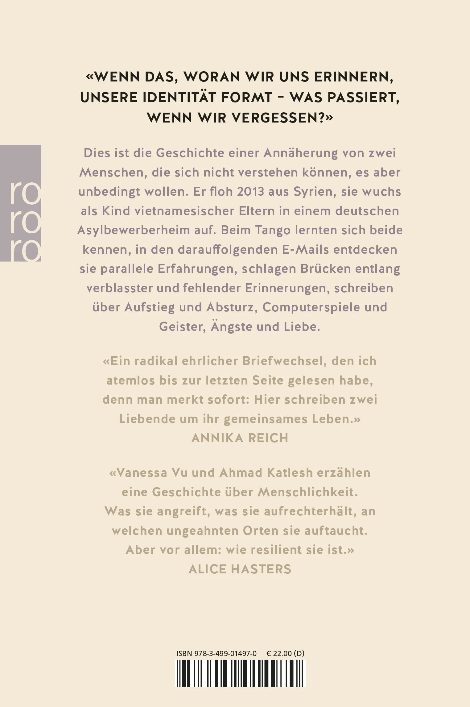 Buchrückseite von 'Komm dahin, wo es still ist' mit Klappentext - Gebundene Ausgabe
