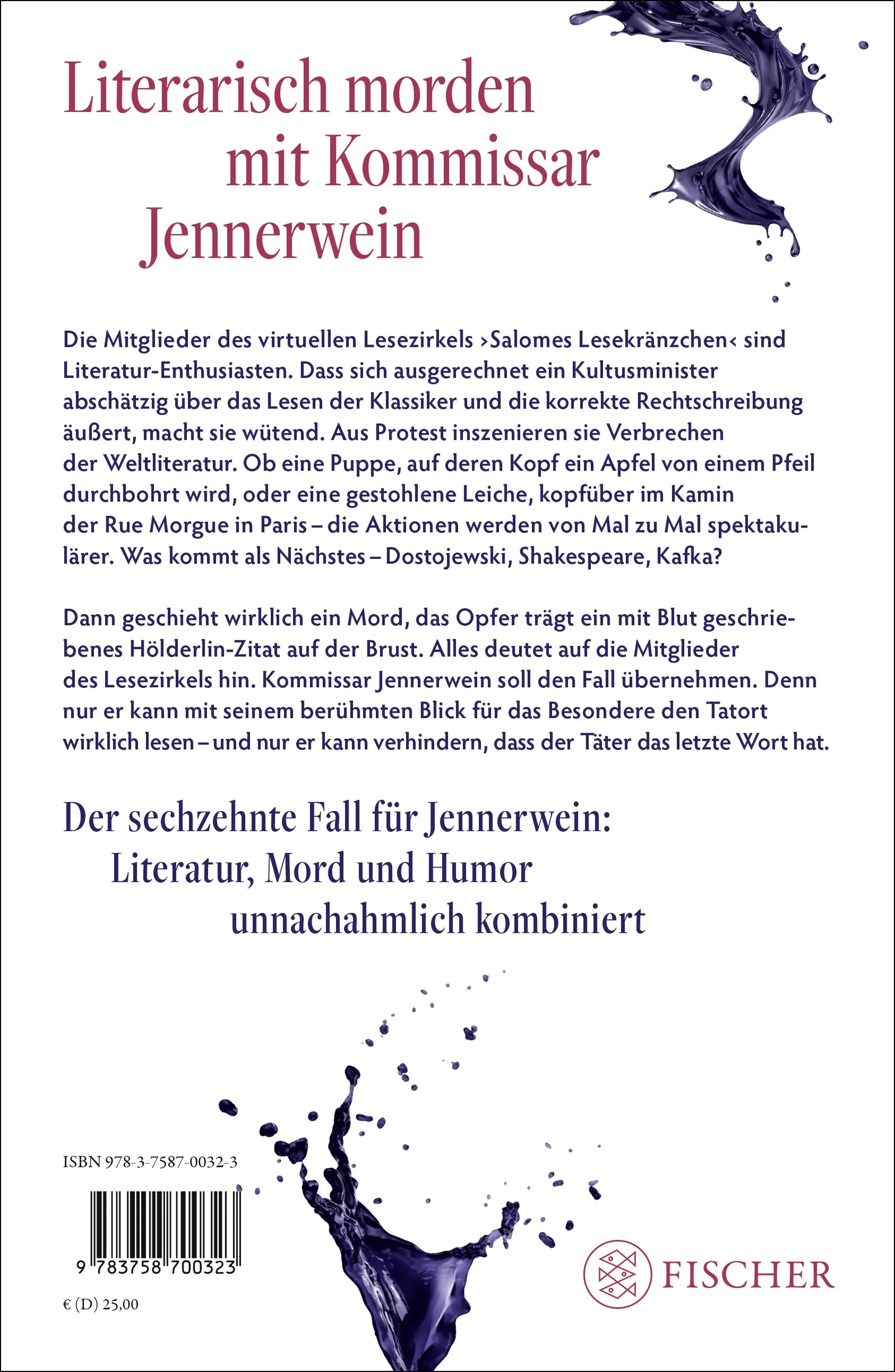 Buchrückseite von 'Kommissar Jennerwein und der tintendunkle Verdacht' mit Klappentext - Gebundene Ausgabe