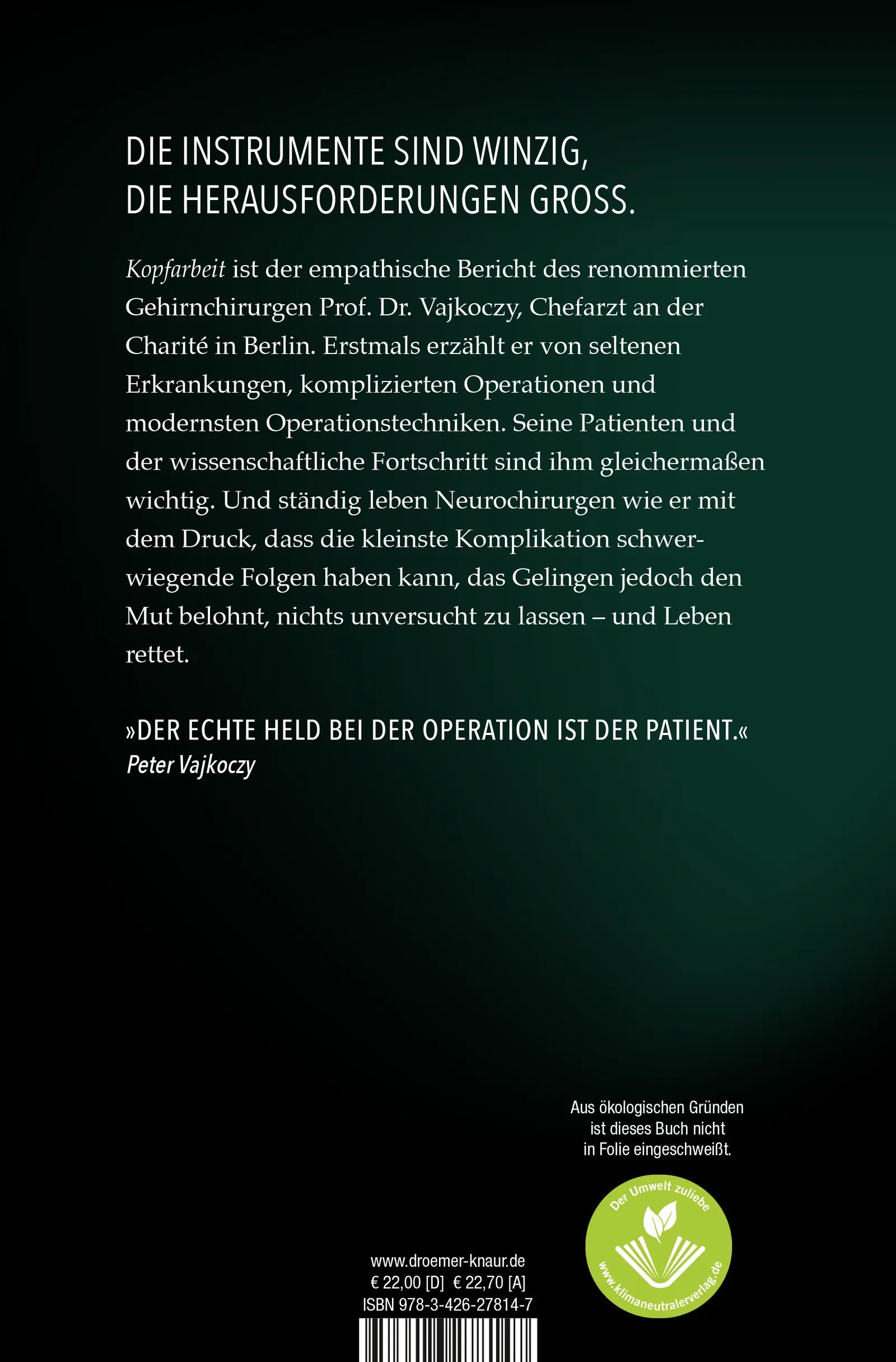 Buchrückseite von 'Kopfarbeit' mit Klappentext - Gebundene Ausgabe