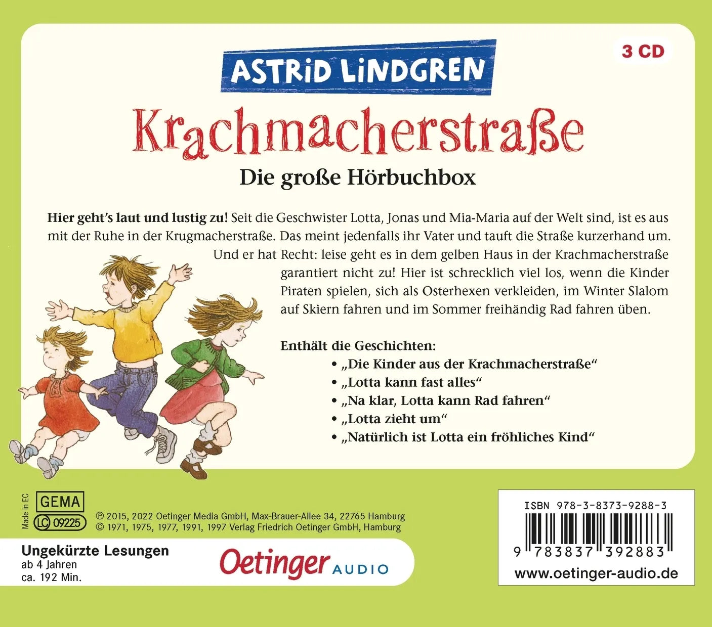 Buchrückseite von 'Krachmacherstraße. Die große Hörbuchbox' mit Klappentext - Hörbuch (CD)