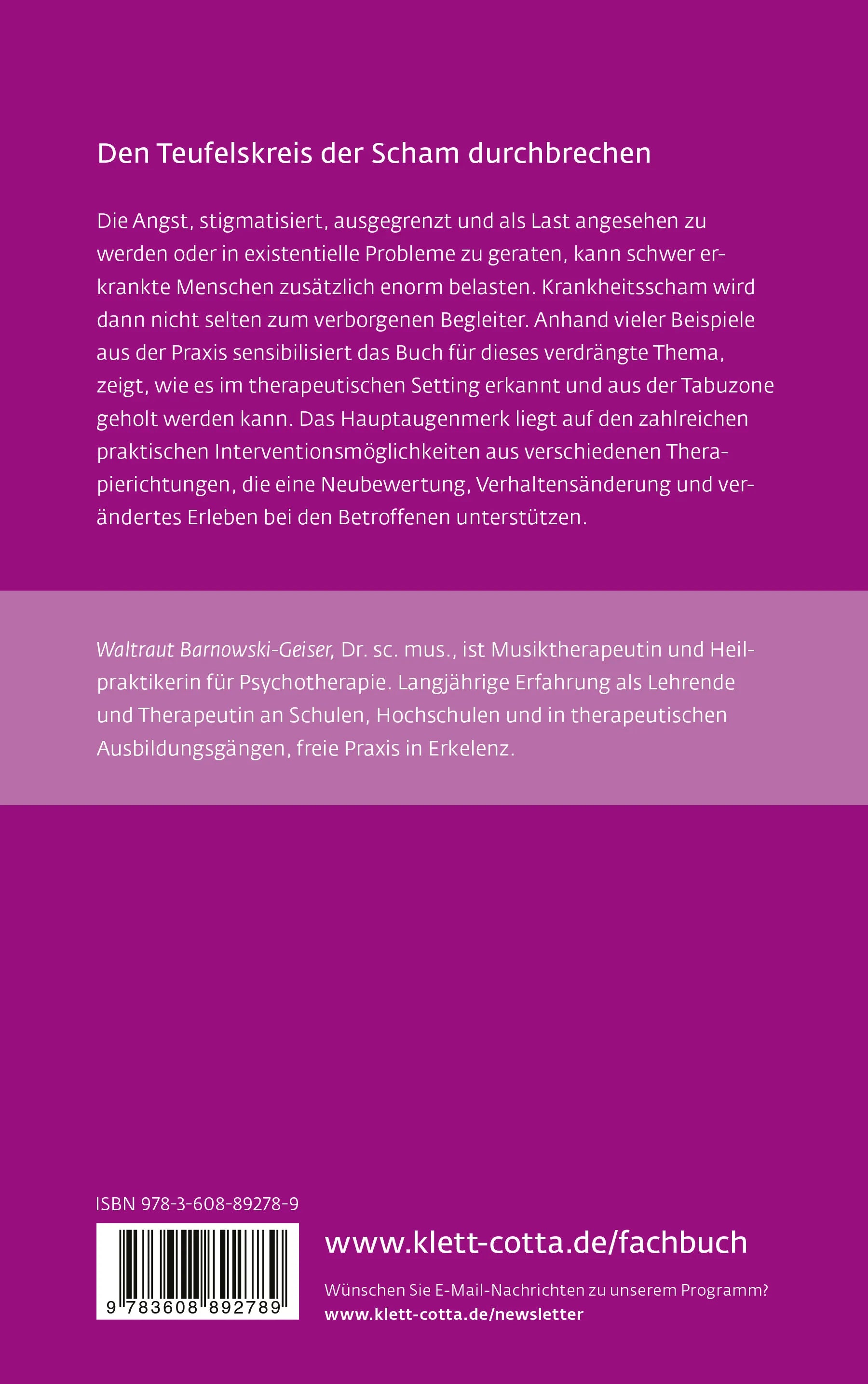 Buchrückseite von 'Krankheitsscham – die verborgene Emotion' mit Klappentext - Paperback
