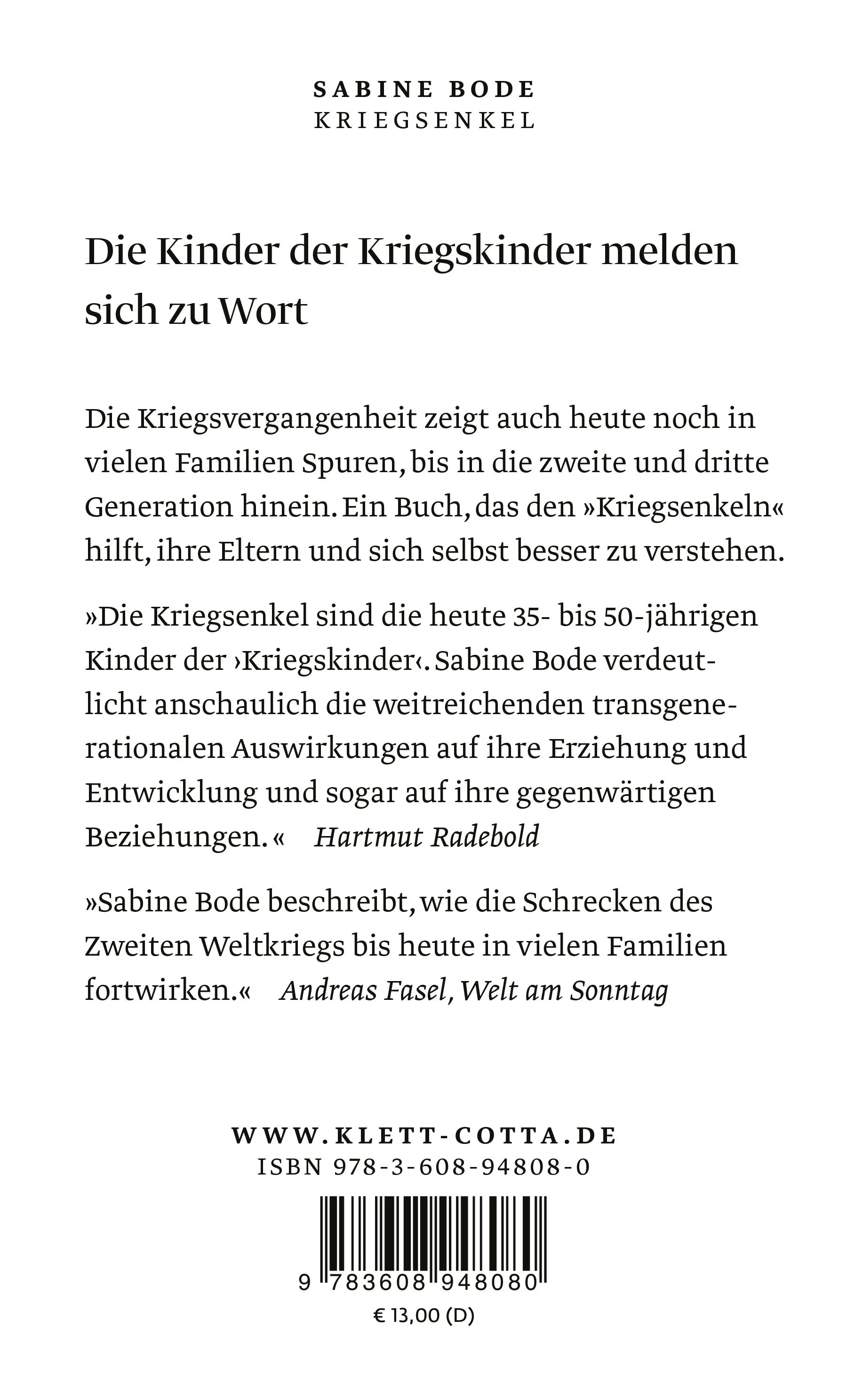 Buchrückseite von 'Kriegsenkel' mit Klappentext - Taschenbuch