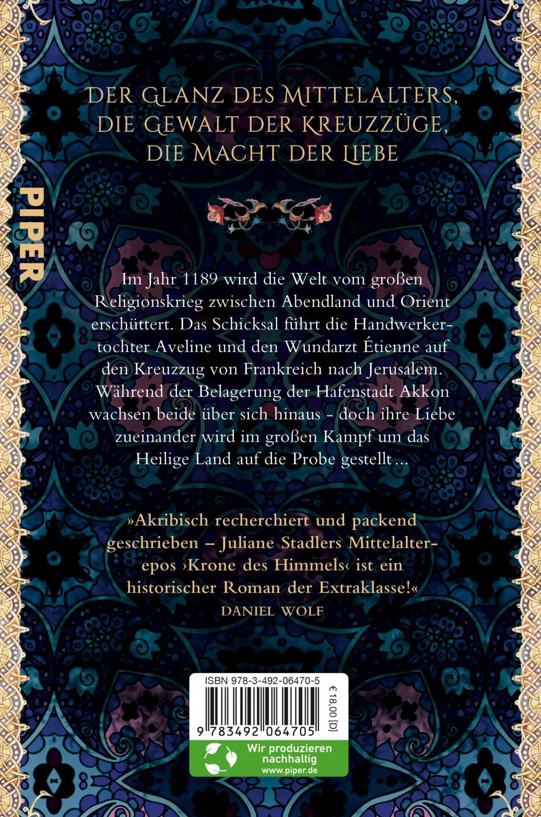 Buchrückseite von 'Krone des Himmels' mit Klappentext - Paperback
