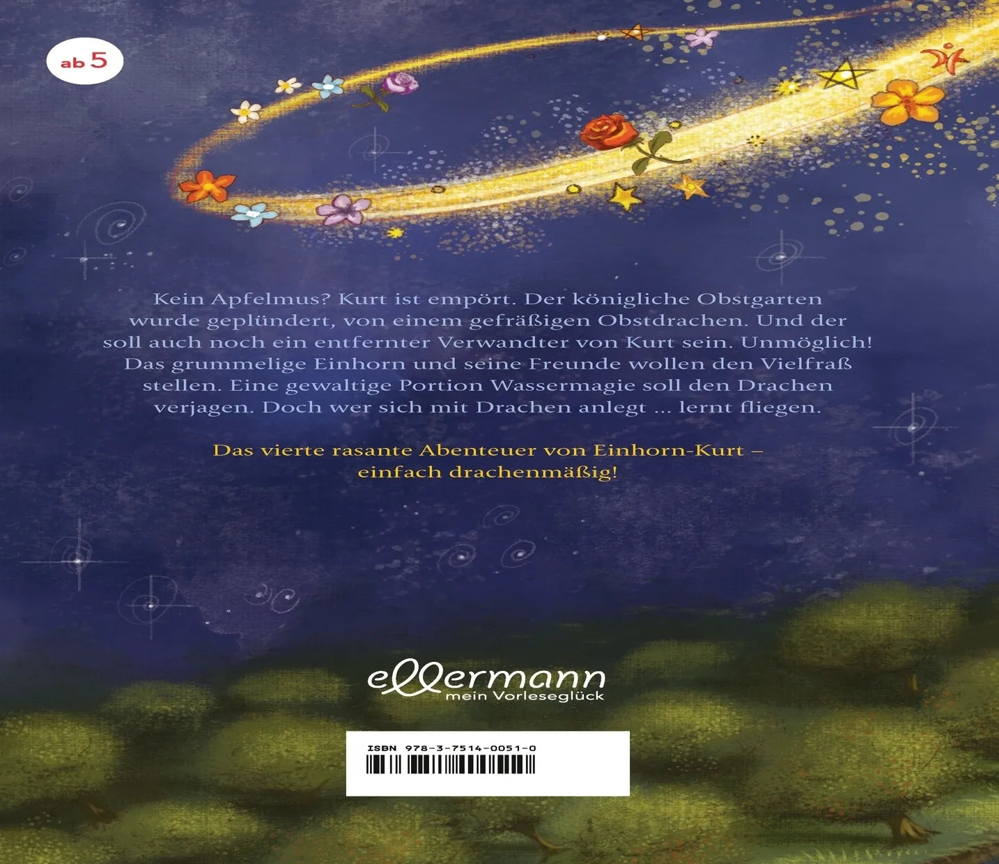 Buchrückseite von 'Kurt, Einhorn wider Willen 4. Drachen sind auch nur EinHörner' mit Klappentext - Gebundene Ausgabe