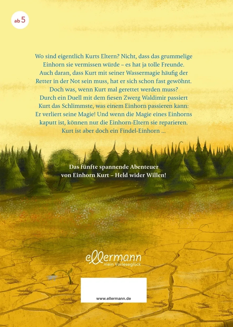 Buchrückseite von 'Kurt, Einhorn wider Willen 5. Ein Held, EinHorn, ein Gartenzwerg' mit Klappentext - Gebundene Ausgabe