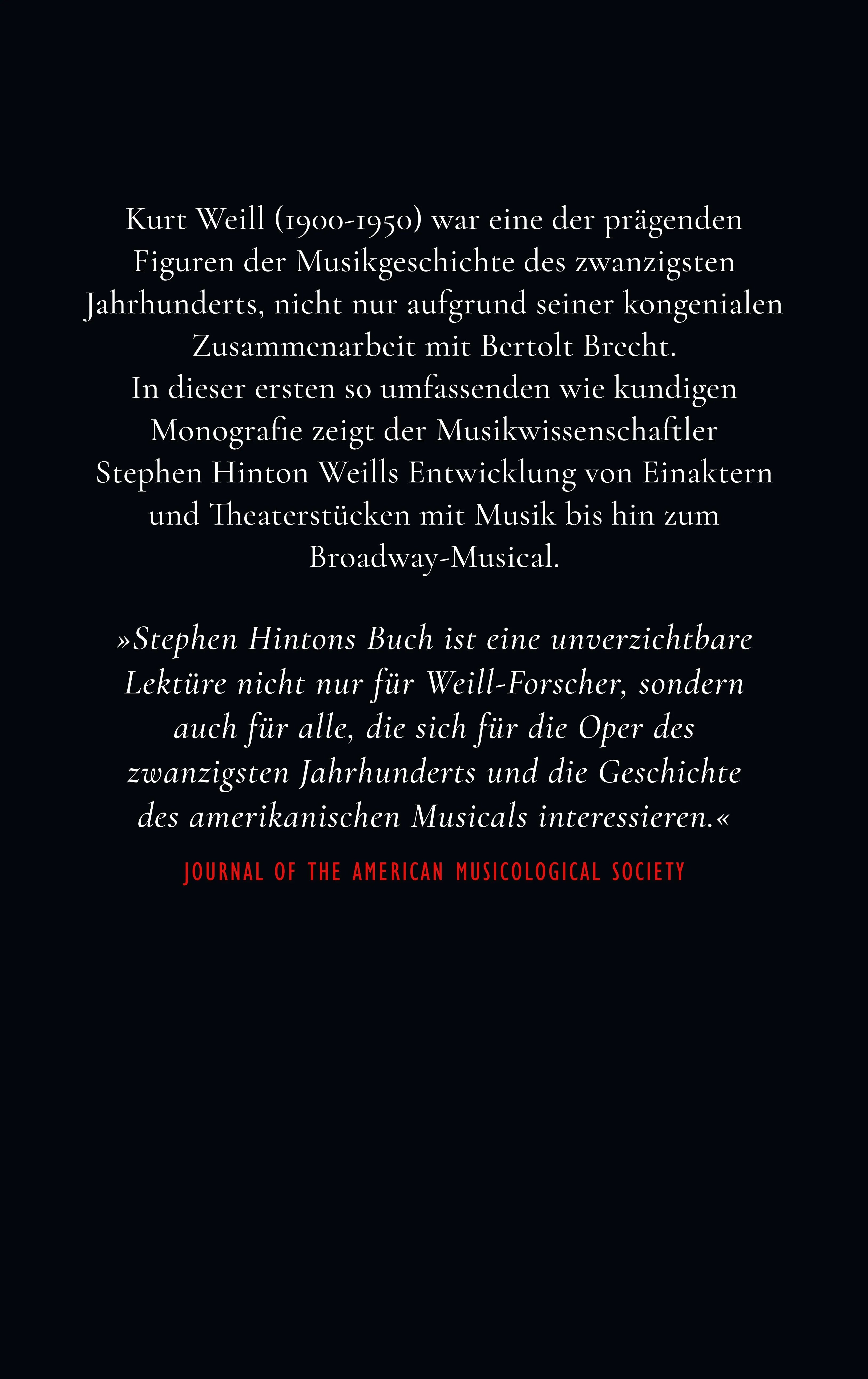 Buchrückseite von 'Kurt Weills Musiktheater' mit Klappentext - Gebundene Ausgabe