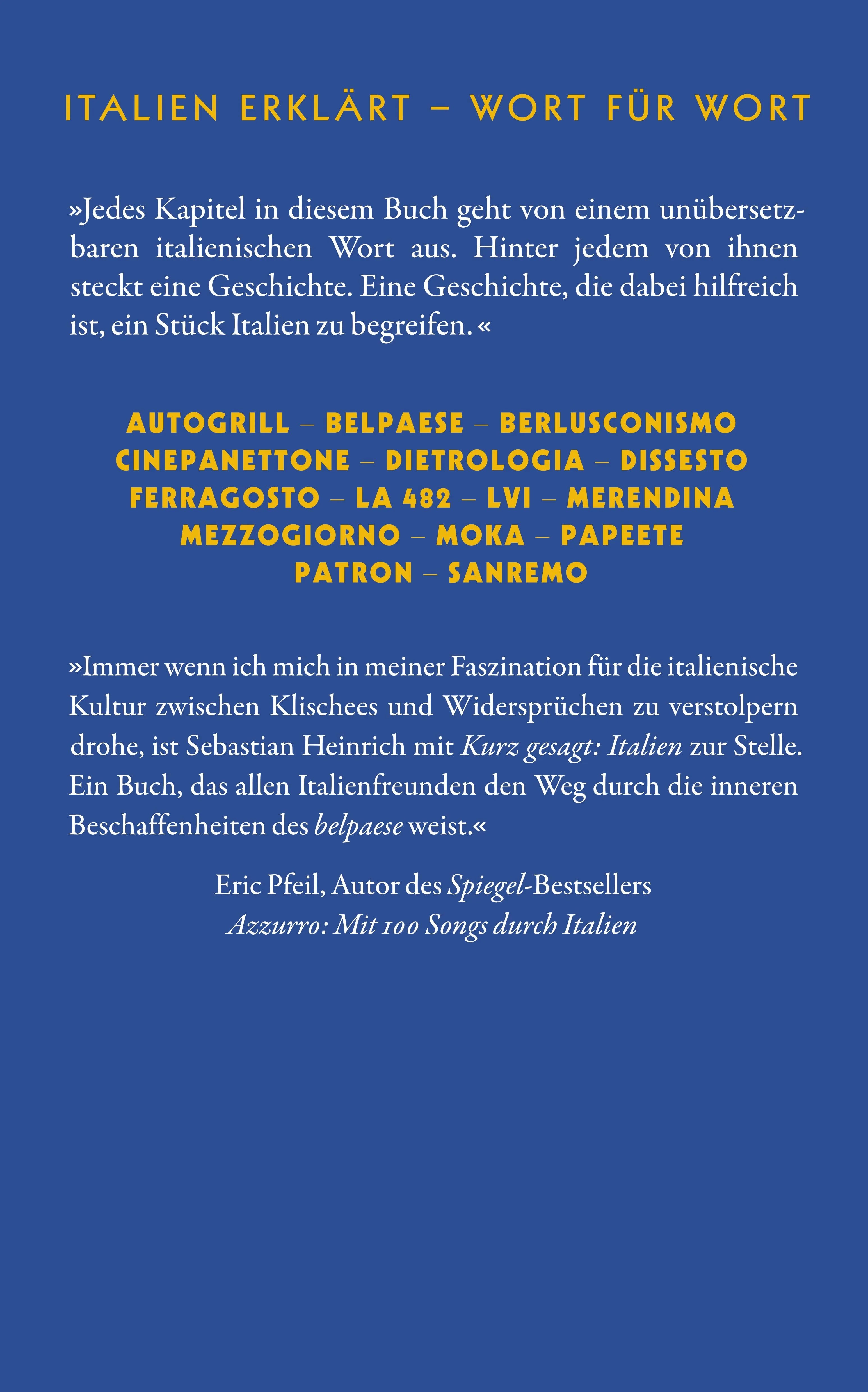 Buchrückseite von 'Kurz gesagt: Italien' mit Klappentext - Paperback